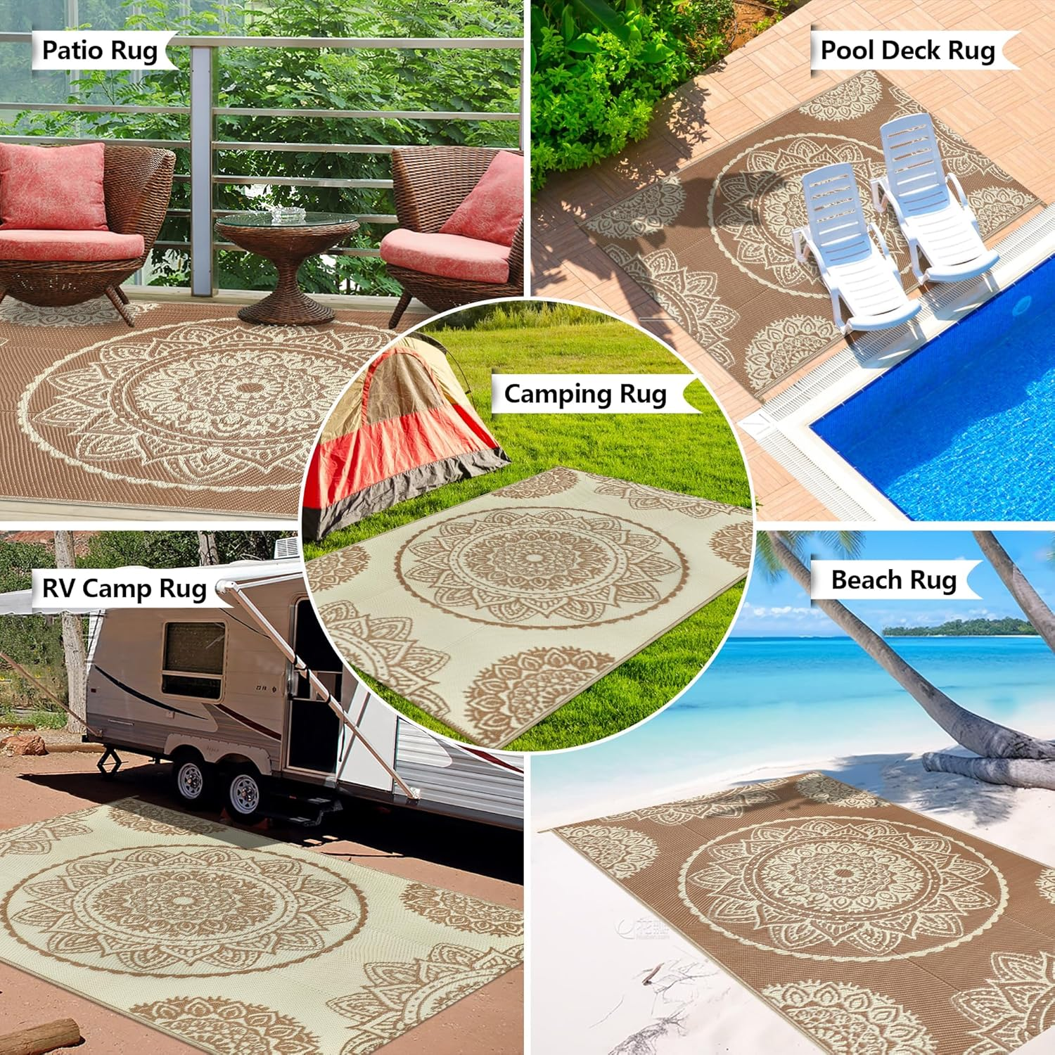 Famibay Outdoor Rug Waterproof Plastic Straw Garden Rugs Reversible Outdoor Rug 120 X 180 Cm Patio Carpet UV Resistant Portable Indoor Area Rug for RV Balcony Picnic Brown Beige image number 3