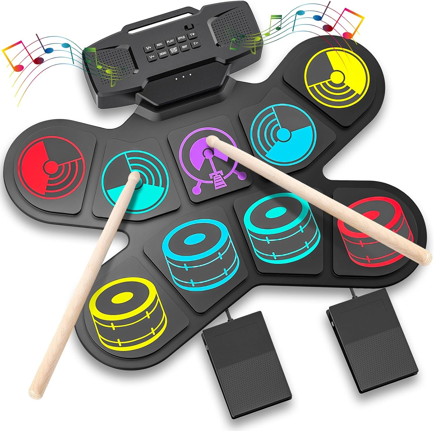 Electronic Drum, Uverbon Portable Drum Set with 9 Pads, 2 Pedals and Drumsticks, Built-In Stereo Speakers, Digital Music Pad Roll up Drum Set for Children and Beginners
