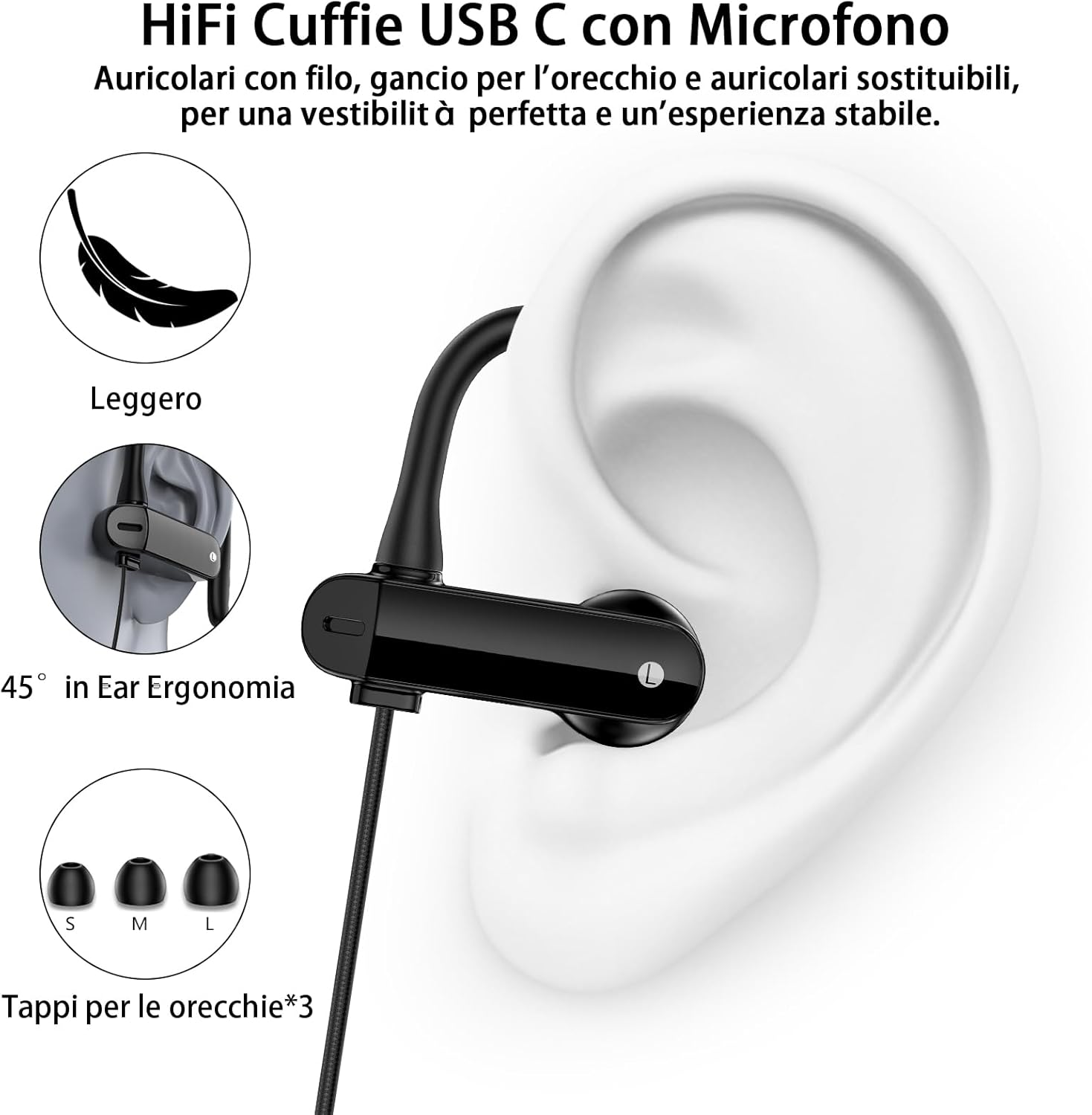 USB C Headphones with Ear Hooks, Microphone & Volume Control, Hifi Sound Headphones, USB C with Cable for Samsung Galaxy S25 Ultra S24 S23 A56 A16 Iphone 16 15 Pro Pixel 9 8 Headphones for Office image number 3