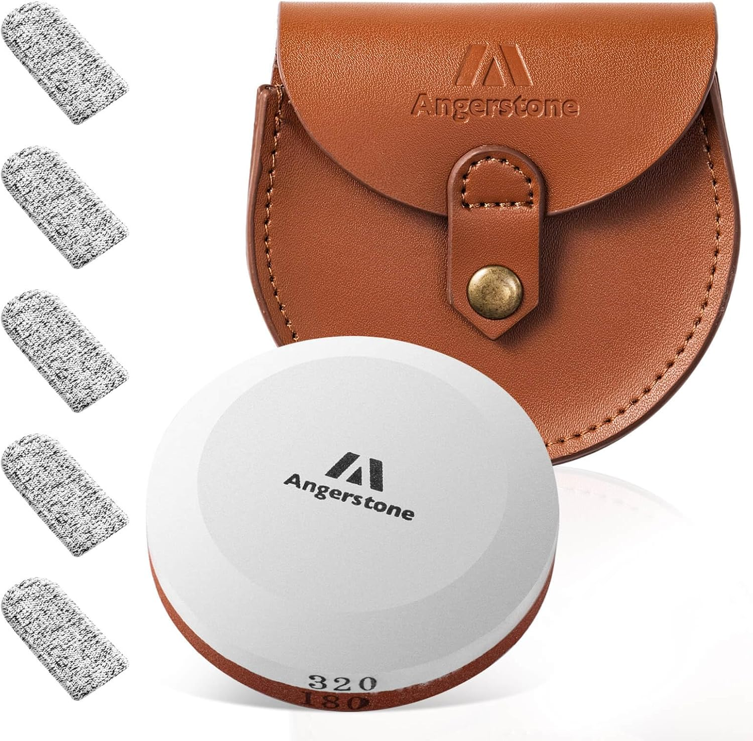 Angerstone Axe Sharpener - Multipurpose Axe/Hatchet Sharpening Stone - Whetstone Blade & Tool Sharpener, Dual Grit 180/320 Sharpening Puck with Leather Sheath image number 1