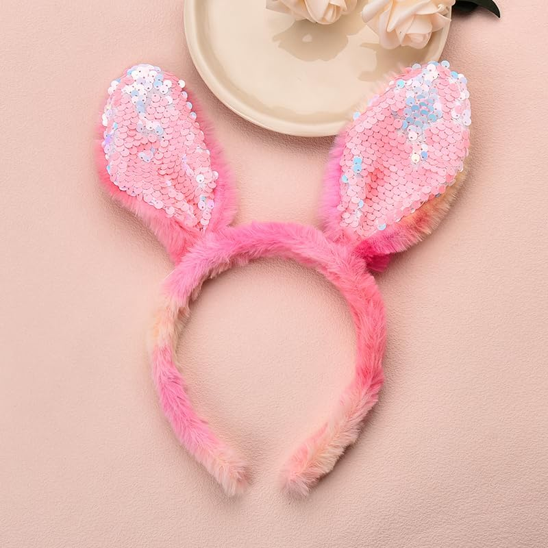 Plush Bunny Ears Headband Glitter Easter Headbands for Women Girls Sequin Rabbit Ears Hairbands Rabbit Ear Hair Hoop Easter Hair Accessories for Women Girls image number 6