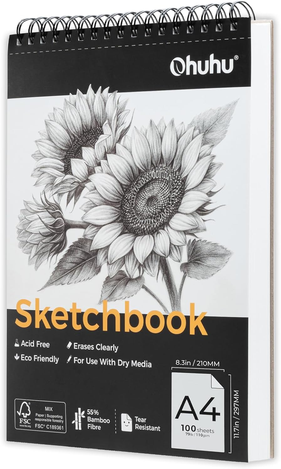 Ohuhu Sketch Book - A4 Bamboo Paper Top Spiral Bound Sketch Pad - 100 Sheets Sketching Book (79Lb/110Gsm) - Acid Free Art Sketchbook Drawing Painting Writing Paper image number 5