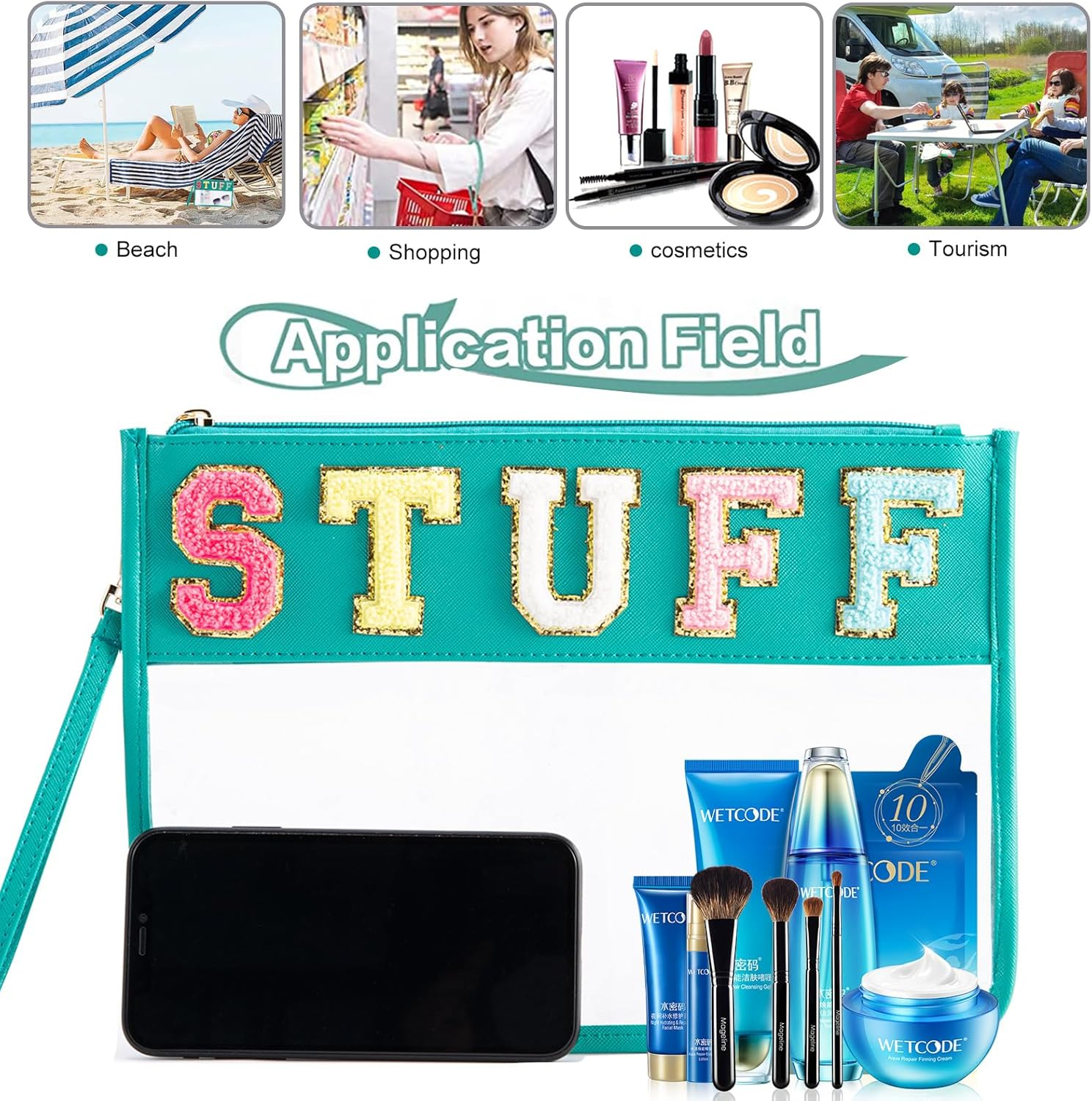 Chenille Letter Clear Zipper Pouch, Pvc&Nylon Clear Cosmetic Bags, Clear Purse, Travel Makeup Bag for Women and Children, Clear Pouches for Travel, Gym, Beach, Green, Glitter Chenille Letters image number 3