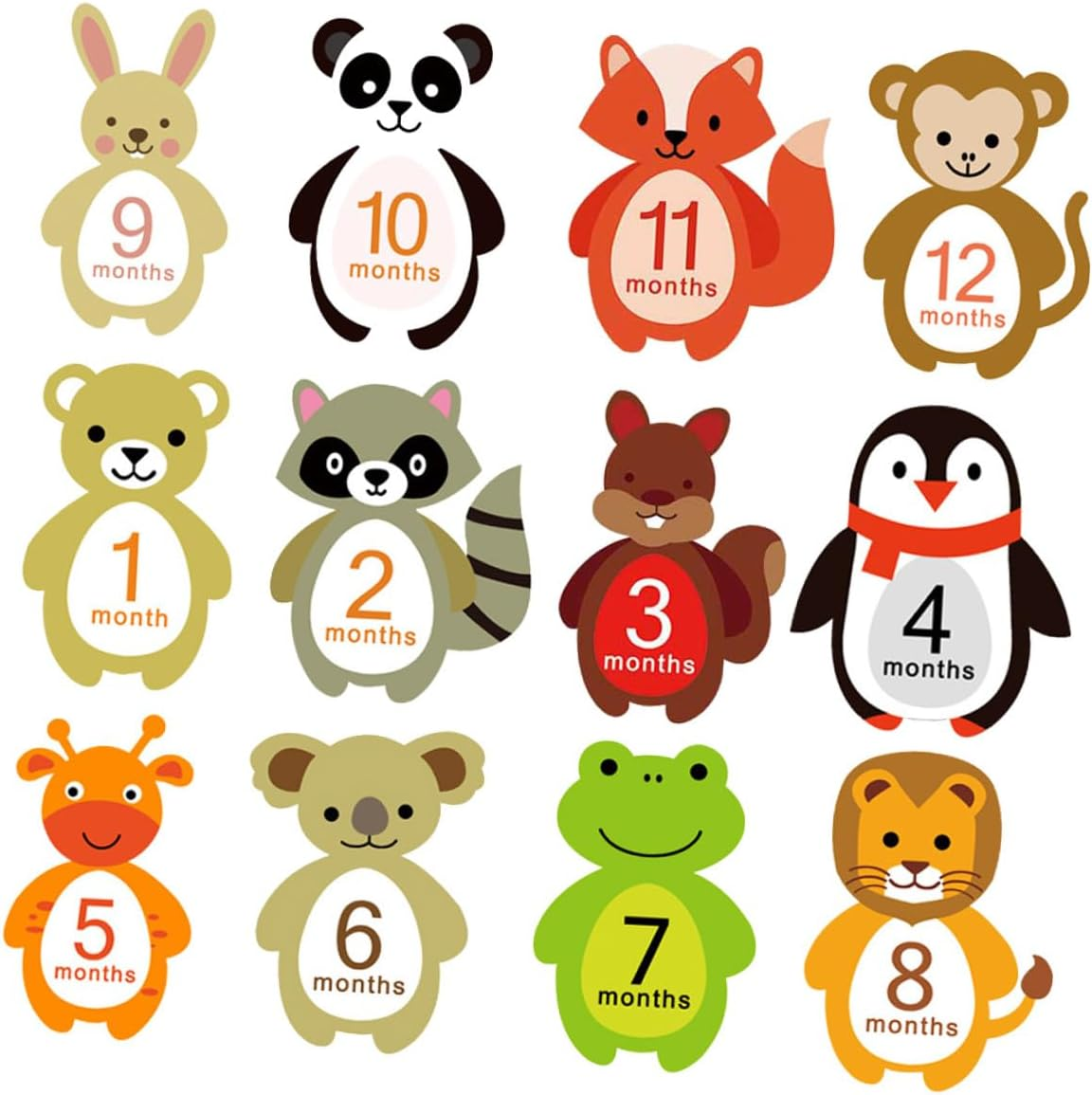 KOMBIUDA 12Pcs Monthly Stickers Animal Design Self-Adhesive Milestone Decals for Newborn Photography Props image number 2