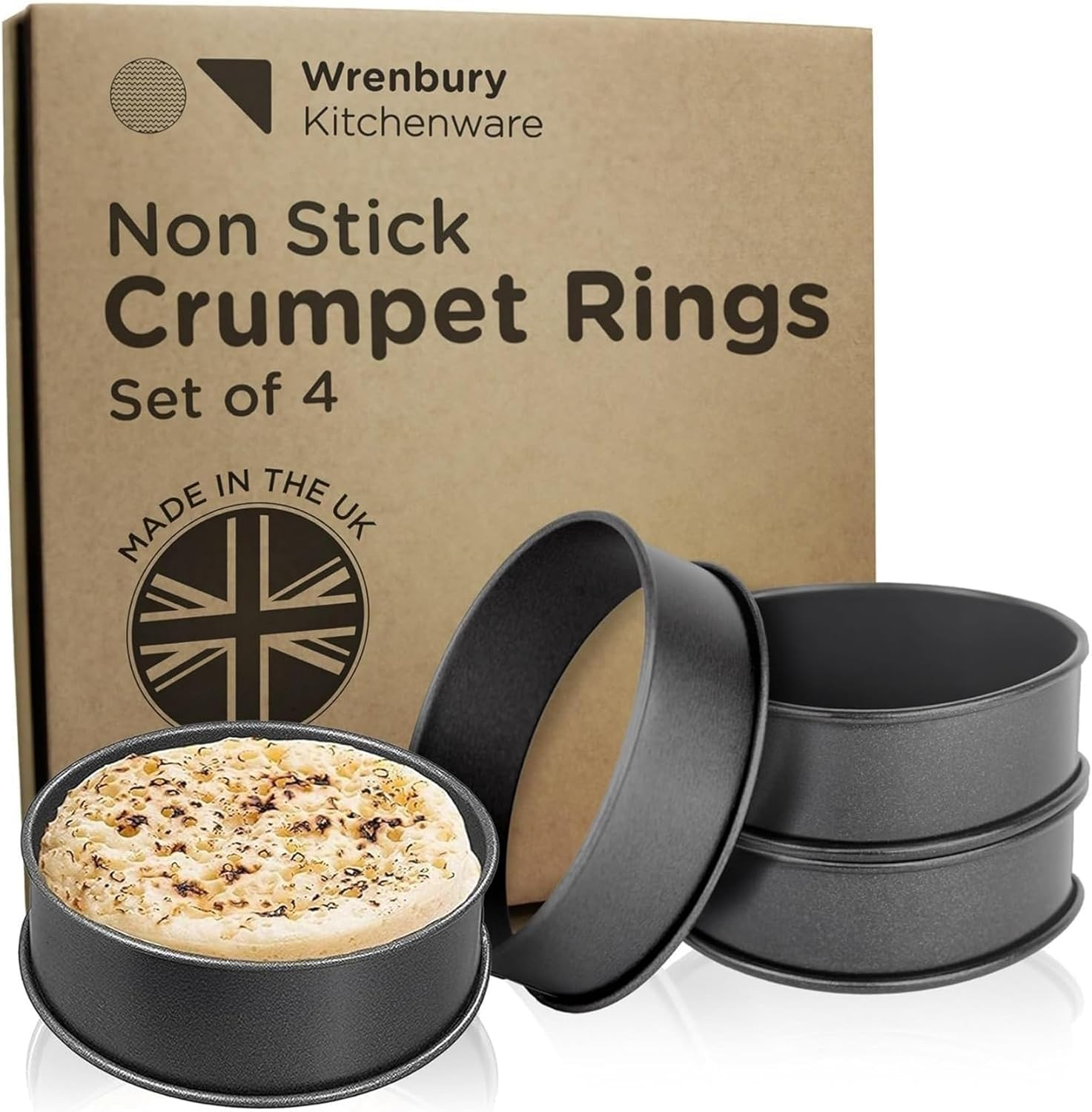 Crumpet Rings Nonstick 3.5" - English Muffin Rings for Fluffy Muffins - Set of 4 Crumpet Molds &ndash; Metal Baking Rings - No Leak Sturdy Egg Ring Set - Made in the UK