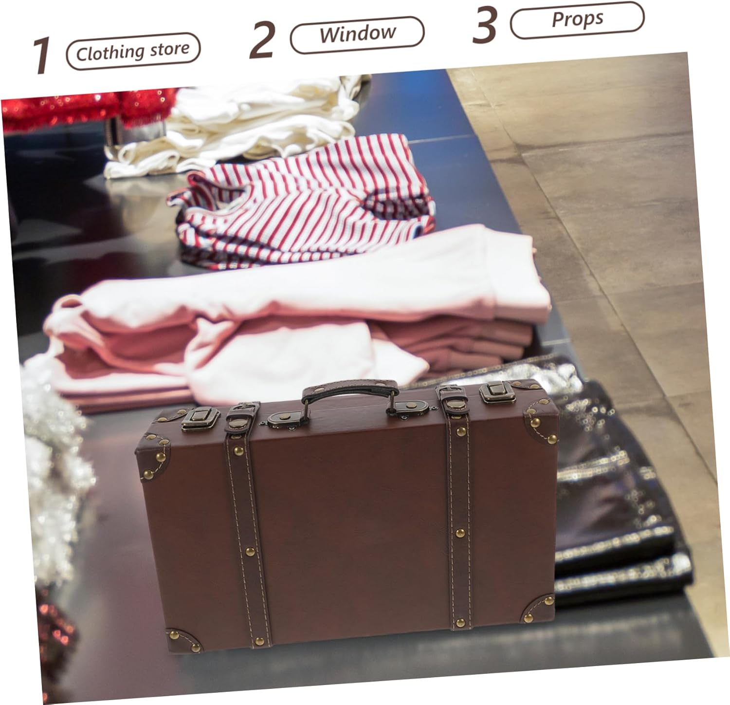 Luxshiny Vintage Leather Suitcase Storage Box Small Travel Trunk for Cosplay Retro Decor Brown Luggage for Fashion Store Displays Photography Props