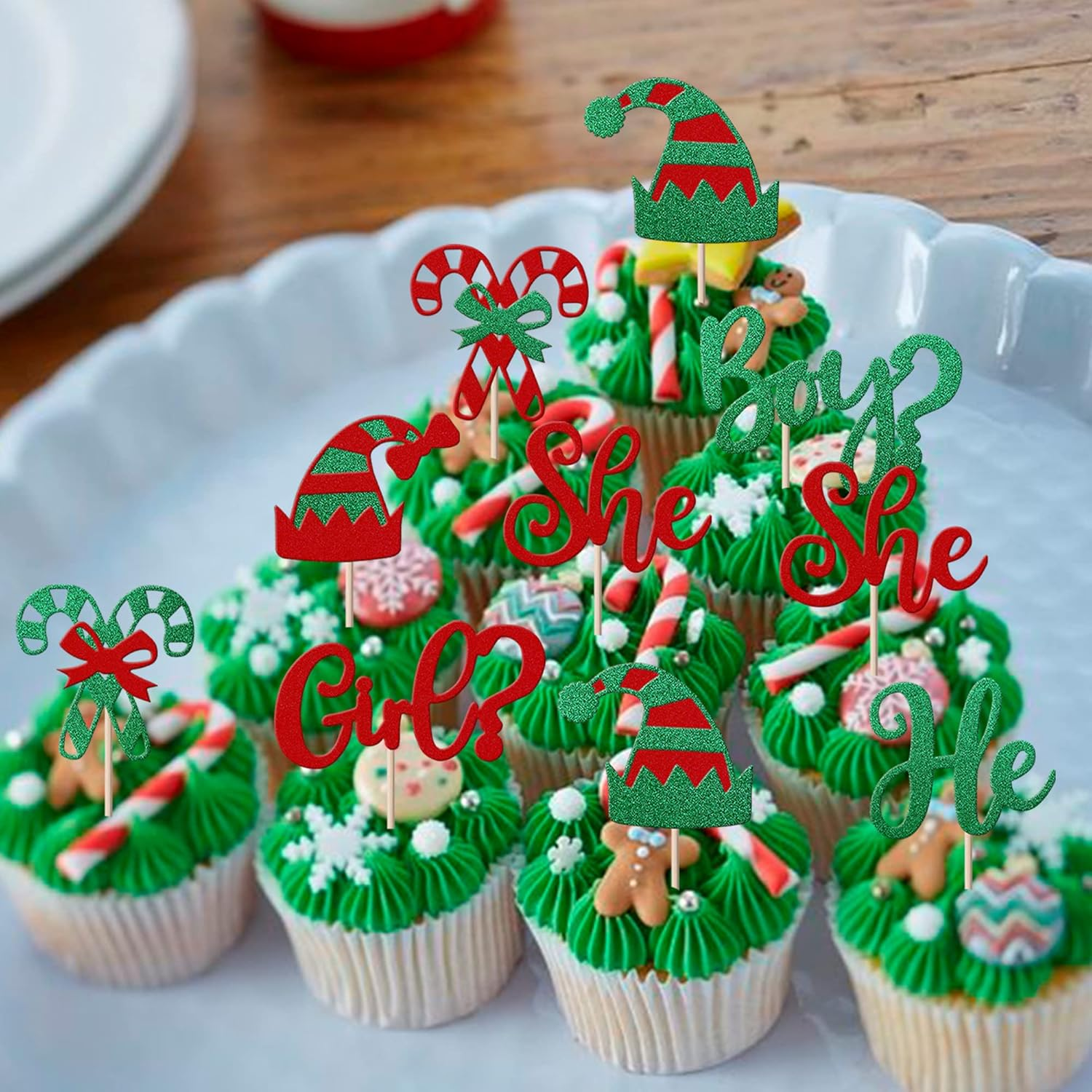 24 Pack Christmas Boy or Girl Cupcake Toppers Glitter He or She Christmas Elf Cupcake Picks for Gender Reveal Theme Baby Shower Birthday Christmas Party Cake Decorations Supplies image number 1