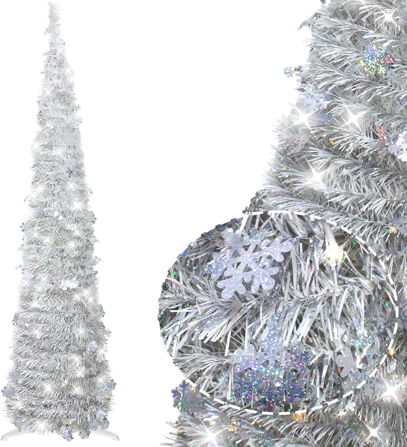 5FT Pop up Christmas Tree for Indoor Decoration Pre-Lit Mini Christmas Tree with 60 Lights, Silver White Artificial Pencil Tree Collapsible Tinsel Lighted up Christmas Tree with Snowflake Glitter image number 5