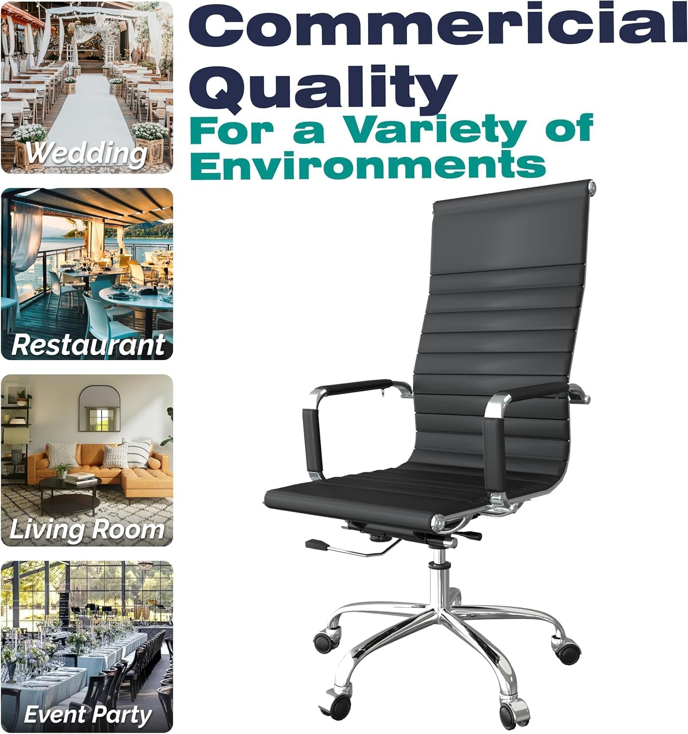 Ergonomic Office Desk Chair, Leather Modern Conference Room Chairs, Executive Ribbed Height Adjustable Swivel Rolling Chair for Home Office (Black) image number 3