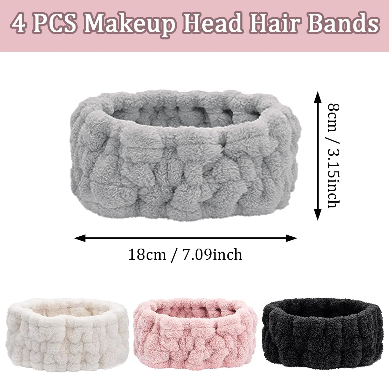 SYEYCW 4 Pcs Headband for Washing Face, Facial Makeup Headband, Coral Fleece Spa Beauty Headband, Elastic Soft Terry Cloth Hairband, for Shower, Yoga, Sports, Skincare, Black, Grey, Pink, White image number 2