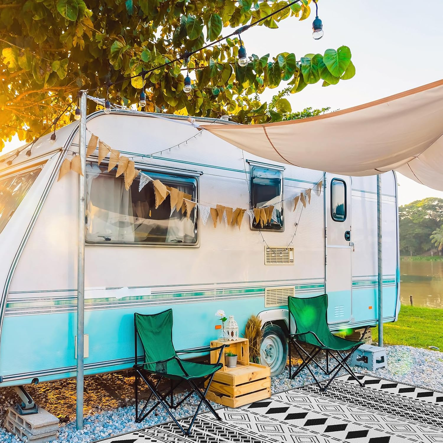 Outdoor Rug Patio Rugs Picnic Rug Waterproof Lightweight Plastic Straw Camping Outdoor Mat 152X244Cm for RV Courtyard Backyard Deck Balcony Garden Porch (Black&White) image number 1