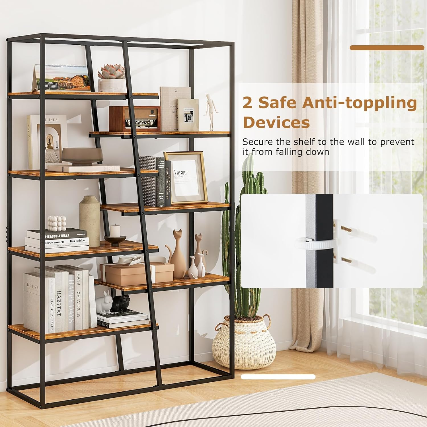 Giantex 180 Cm Tall Bookshelf, 7-Tier Industrial Etagere Bookcase with Heavy-Duty Metal Frame, Freestanding Double Wide Display Rack for Living Room Bedroom Home Office, Rustic Brown image number 2