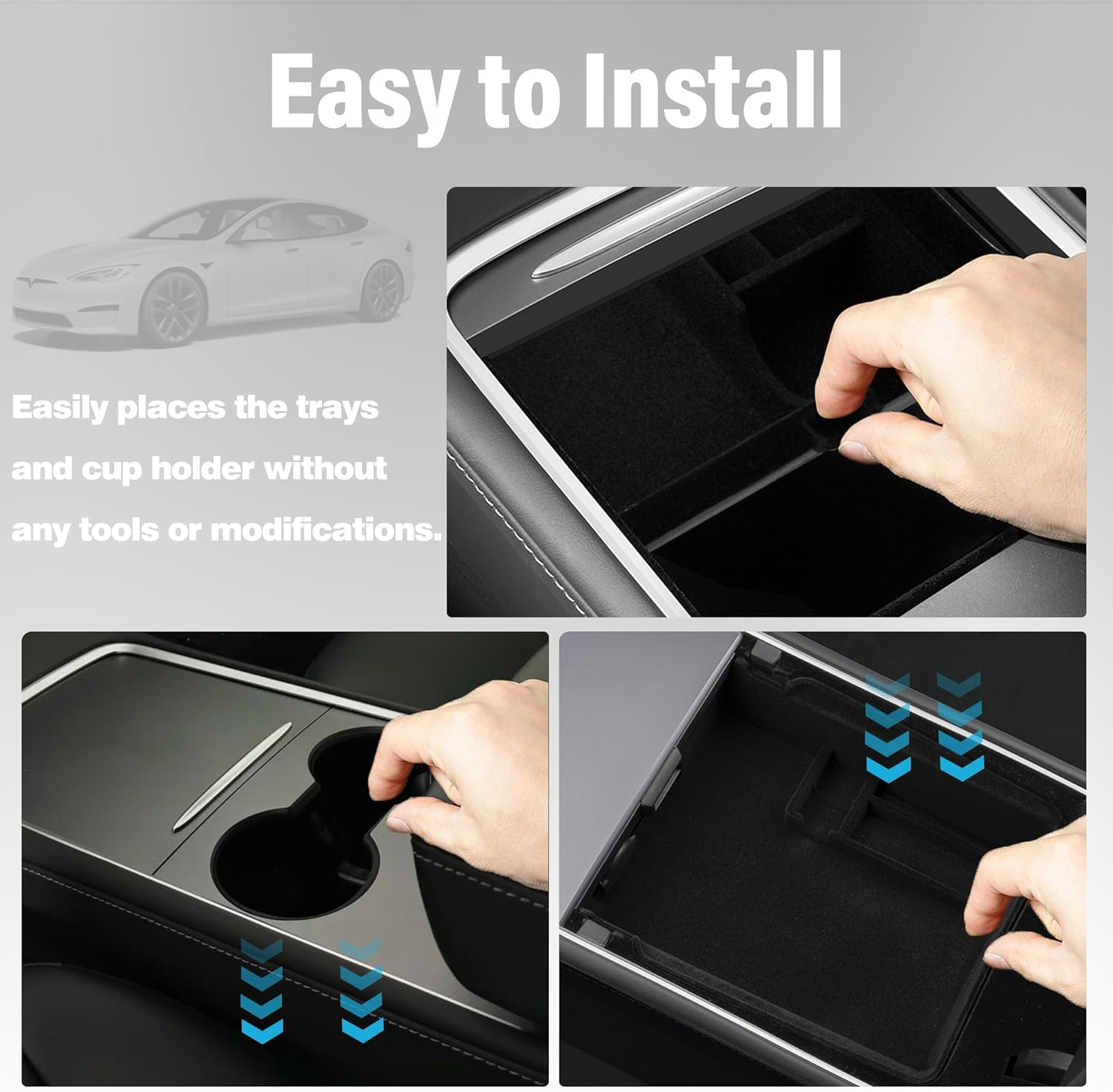 (3 PCS) Center Console Organizer Tray Designed for Latest 2023 2022 2021 Tesla Model 3 Y Accessories, Flocked Front Rear Storage Box with Silicone Cup Holder Insert image number 1