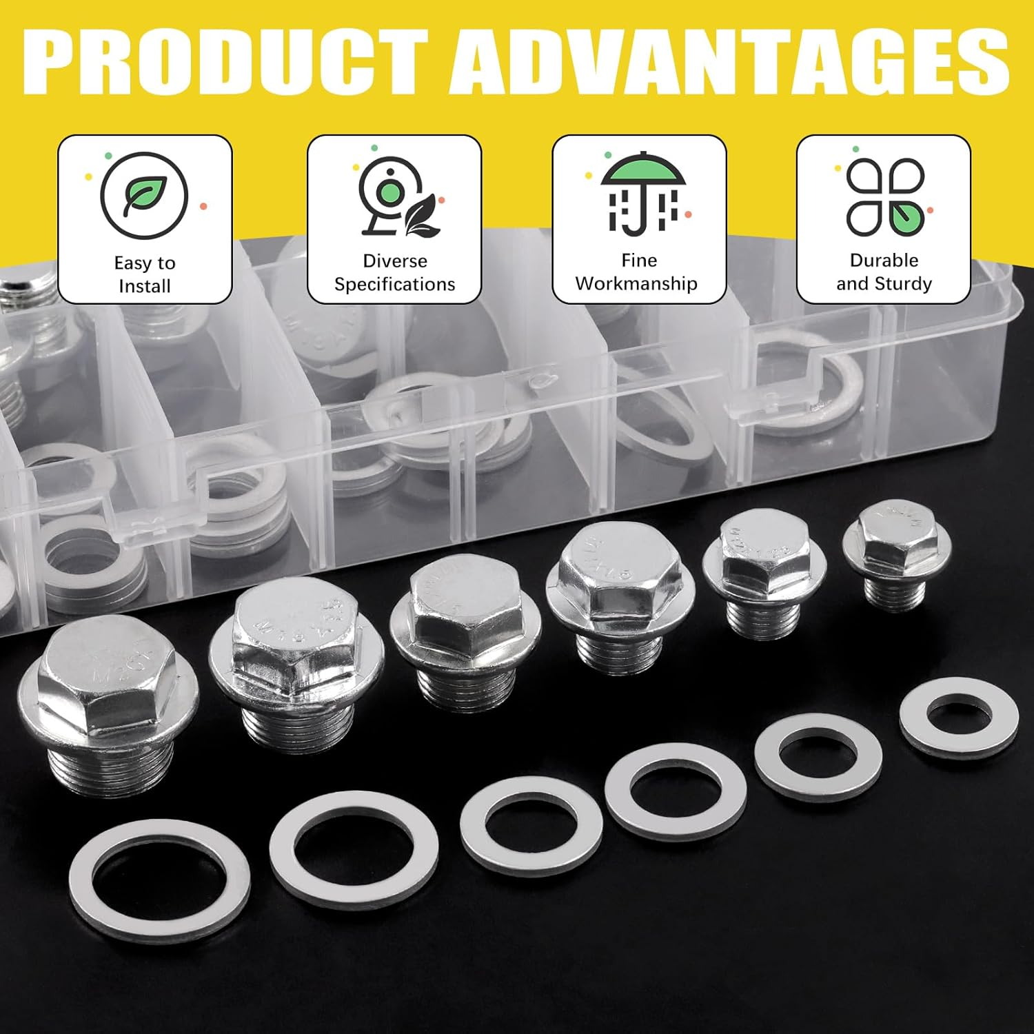 Mardatt 28 Sets Oil Drain Plug Assortment Kit, M10 M12 M14 M16 M18 M20 Steel Oil Drain Plugs with Aluminum Washer Gasket, Engine Oil Drain Plug Replacement Compatible with Honda, Hyundai, Toyota, Ford image number 3