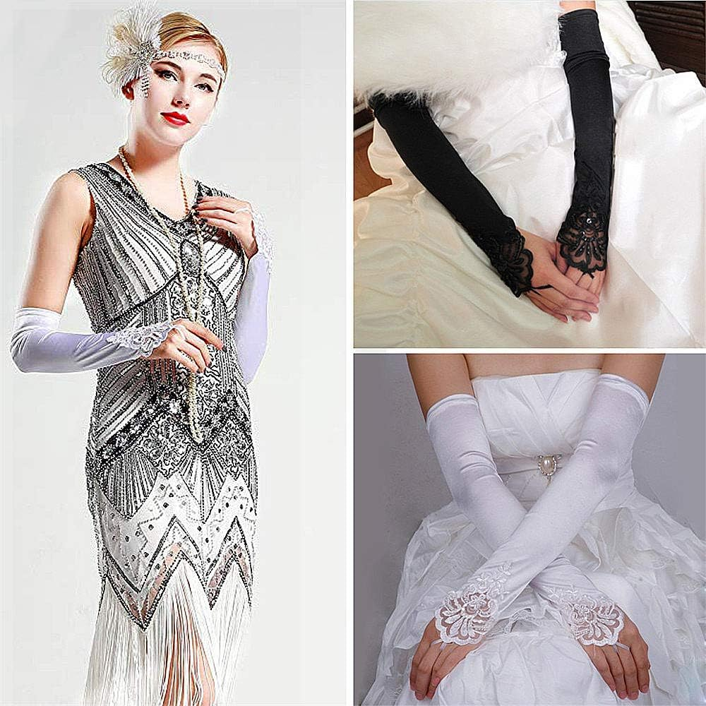 CENZICOM Women'S Lace Satin Bridal Party Fingerless Gloves Sequins Elegant - Black image number 6