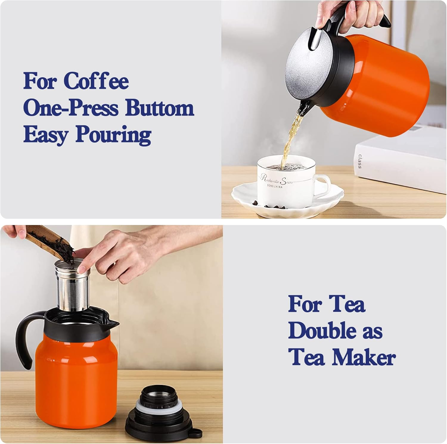 Incifuerza 34 Oz Thermal Coffee Carafe, Double Wall Stainless Steel Insulated Vacuum Coffee Pot Teapot for Keeping Hot, 1 Liter Beverage Dispenser with Removable Tea Filter (Orange) image number 2