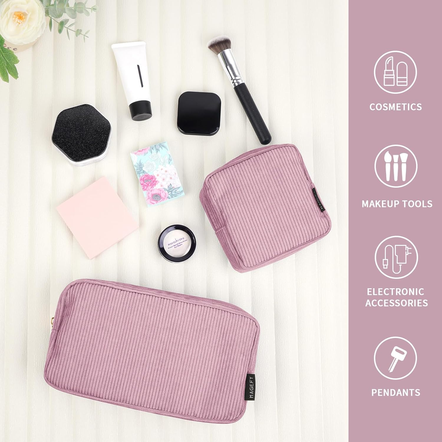 MAGEFY Makeup Bags 2 Pcs Corduroy Cosmetic Bag Makeup Bags for Women Travel Pouch with Slip-In Pockets-Pink image number 5