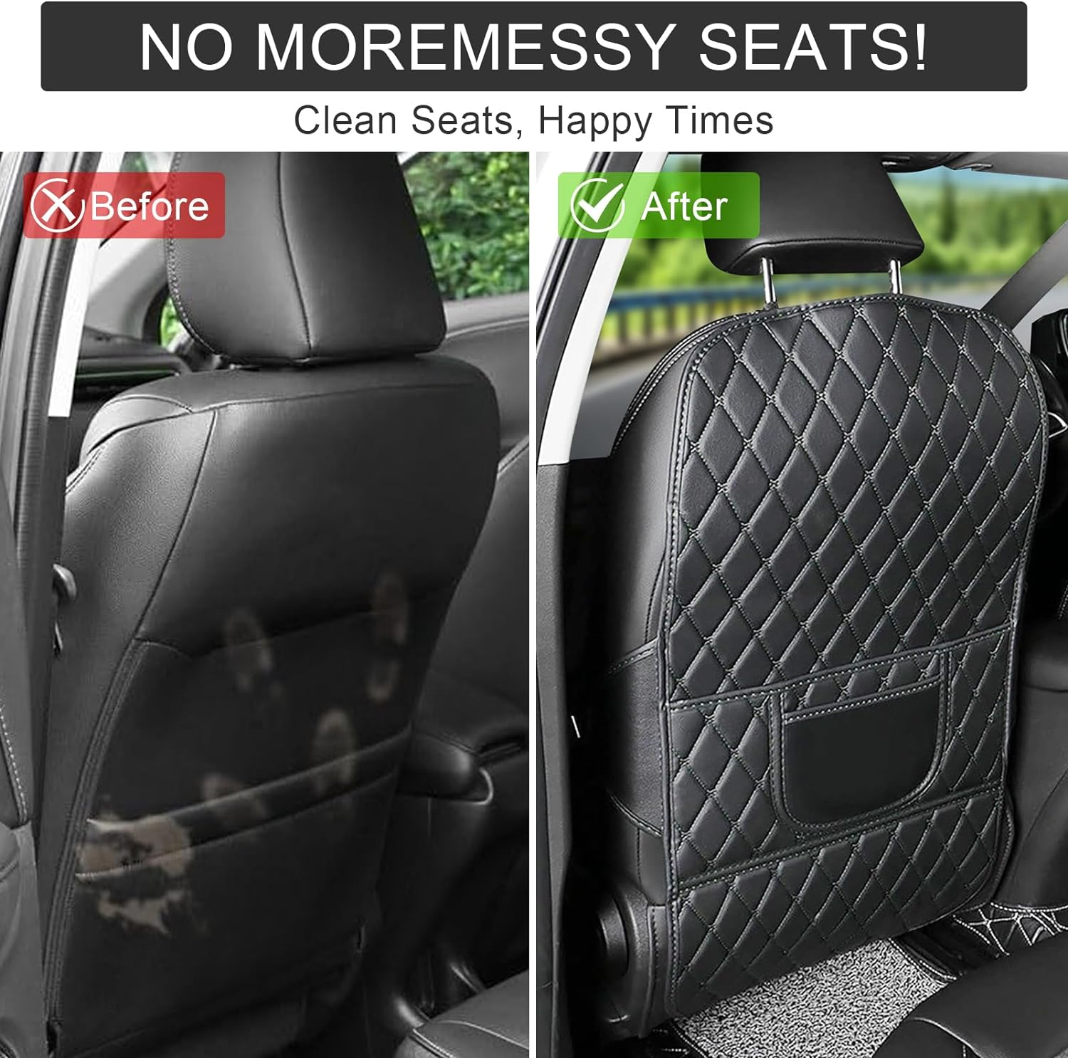 Car Seat Protector Kick Mat for Child Seats,2 Pack Universal Car Seat Back Leather Cover, Non-Slip Seatback Cover with Organizer, Wear Resistant Protects Upholstery from Stains & Damage (Black) image number 1