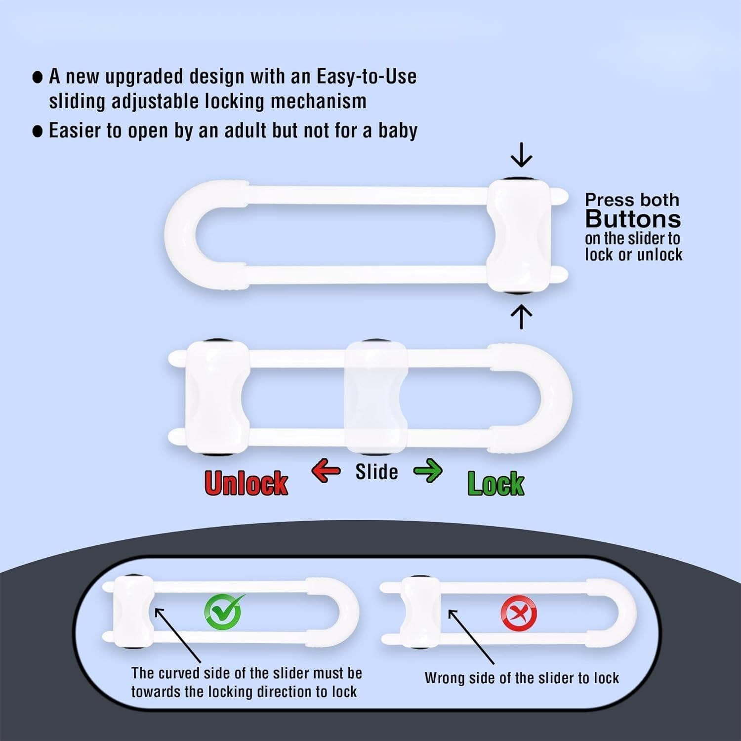 Sliding Cabinet Locks for Baby, Baby Proofing Adjustable U-Shaped Baby Safety Latches for Handles Knobs Drawers, Fridge, Closet, Cupboard, Closet with Secure Lock Buttons,2Pack (White) - Gray image number 2