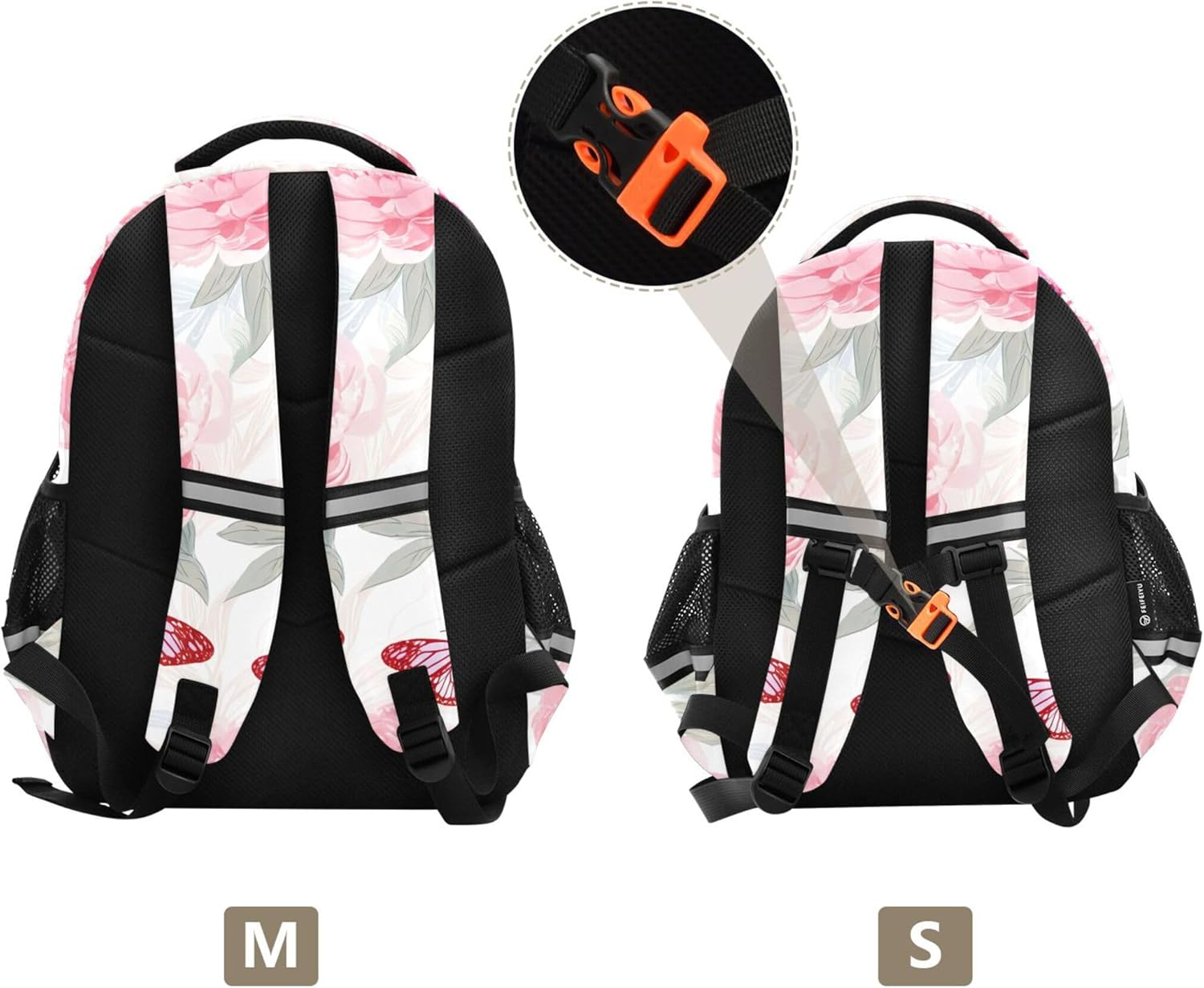 Soft Pink Peonies Butterfly White Kids Student Travel School Cute Floral Book Toddler Elementary Backpacks Animal image number 3