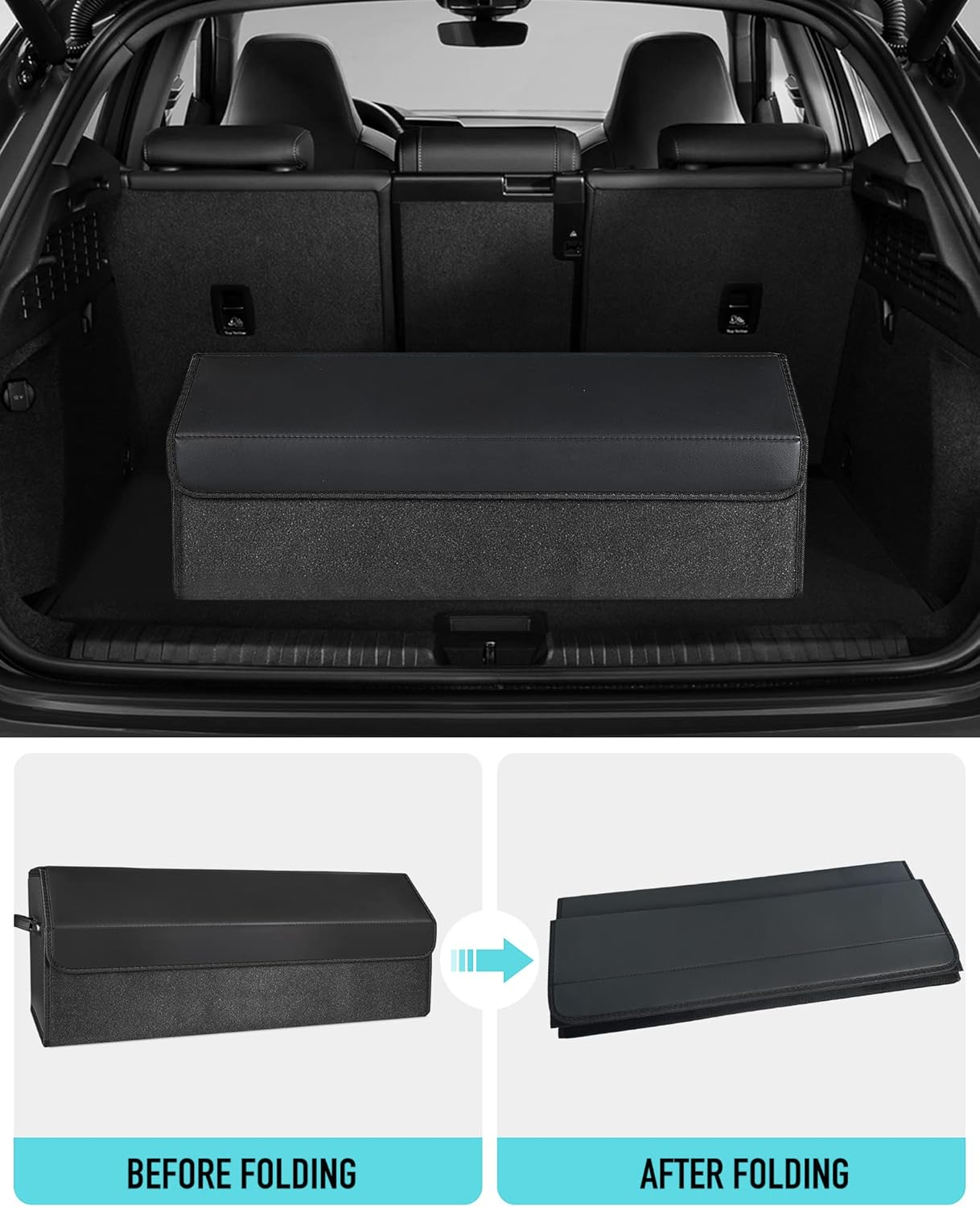 Car Organizers and Storage - Trunk Organizer for Suv Sedan,Car Leather Box,Extra Large,Magnetic Lid,Collapsible Adjustable Black - Black image number 2