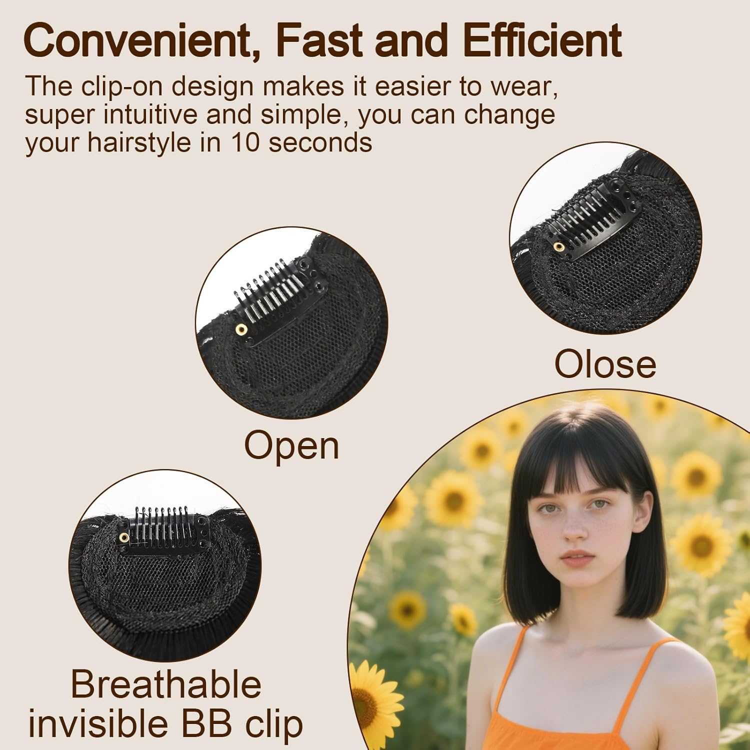 Clip-In Fringe 100% Real Hair Clip in Bangs Hair Extension Fringe with Temples Pony Extension Real Hair for Women (Black) image number 4