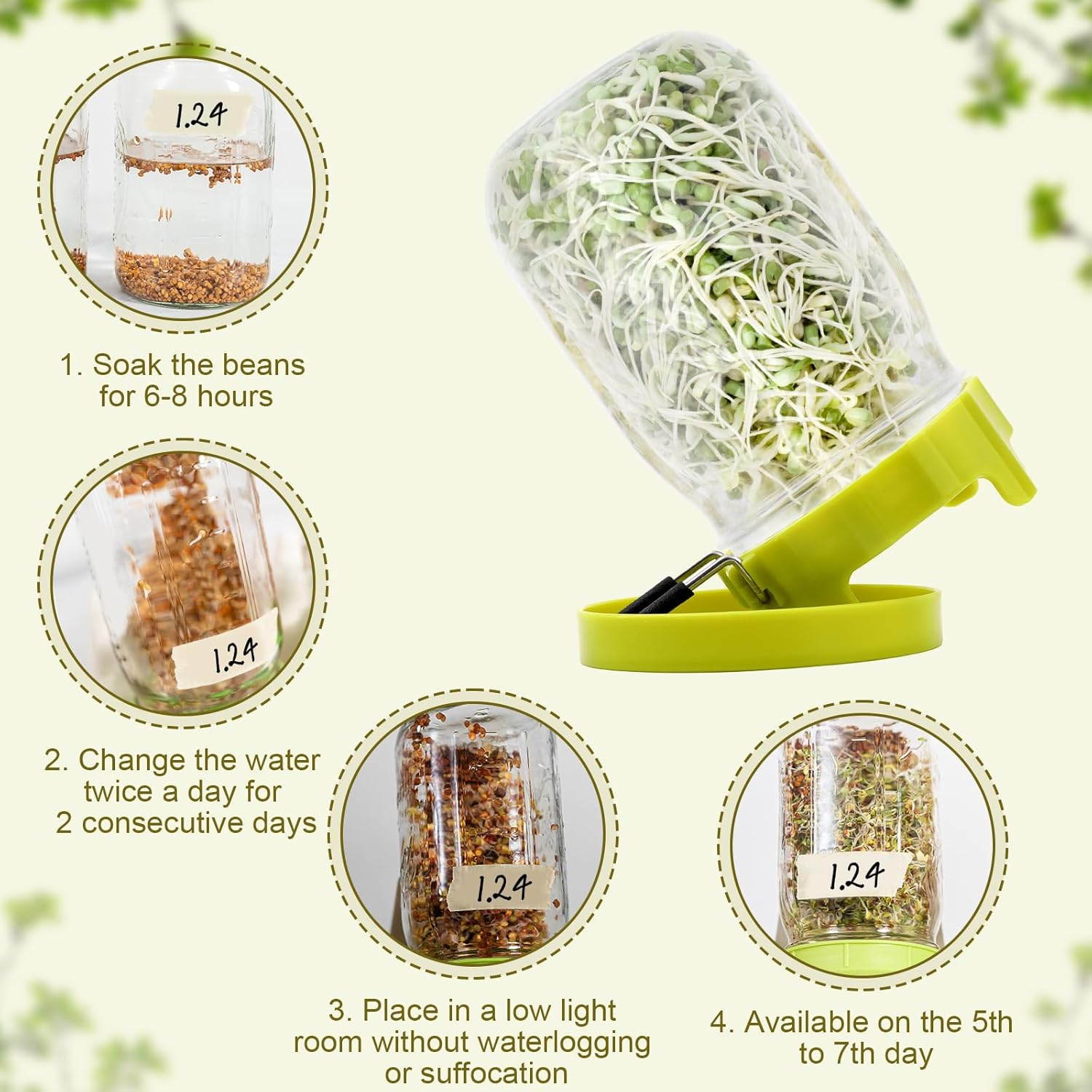 Sprouting Lid, Stainless Steel Mesh Screen Strainer Lids Sprouts Growing Germination Kit with Draining Stand and Tray for Wide Mouth Mason Jars, Grow Bean Sprouts, Alfalfa, Broccoli Seeds