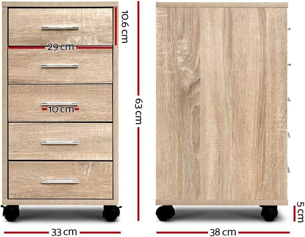 Artiss 5 Drawers Filing Cabinet, Chest of Drawer Desk File Storage Cabinets Wood Slim Locker Home Office Bedroom Furniture, with Metal Suspension Rails Anti-Scratch Beige image number 6