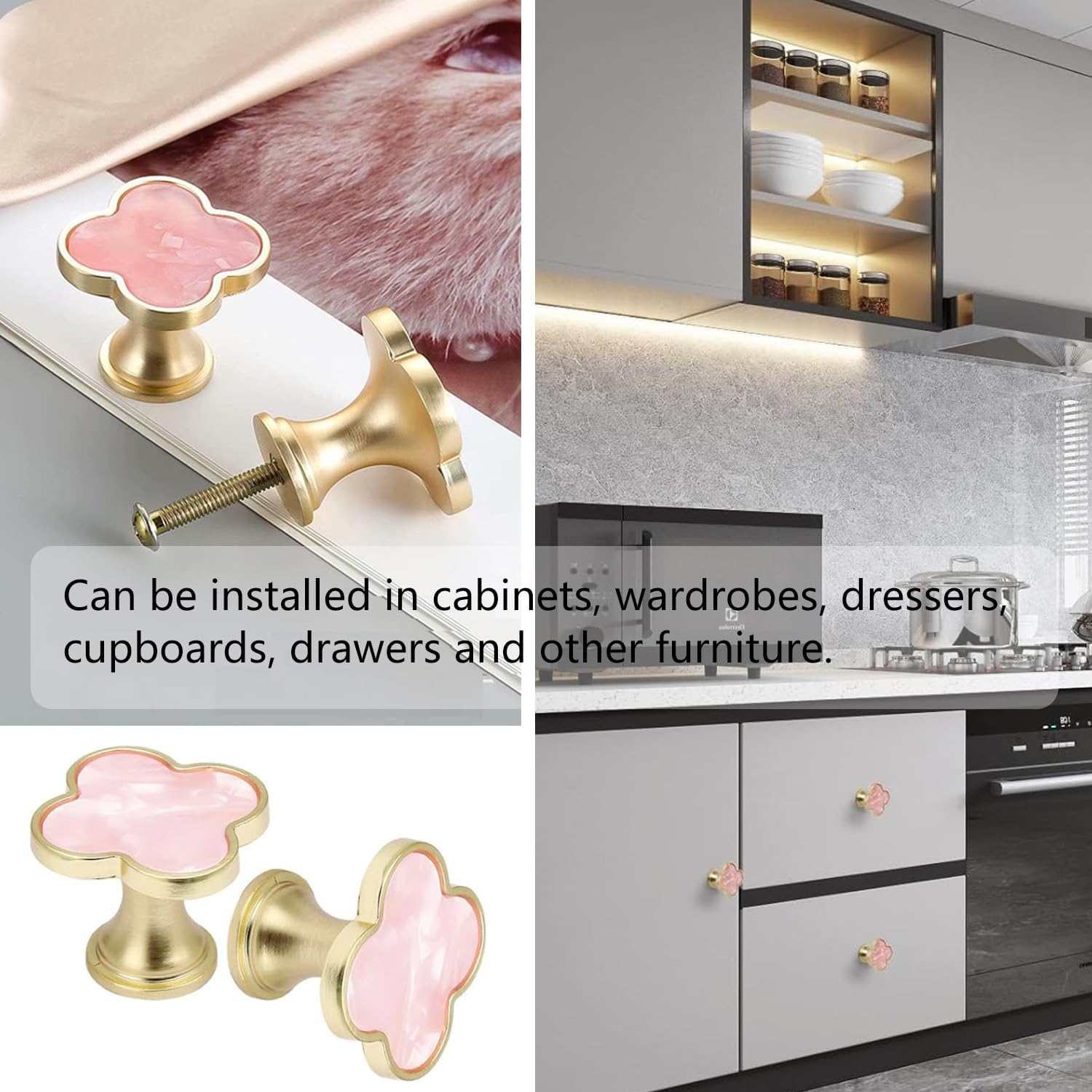 Xinghonyac 8 Pcs Clover Four-Leaf Cabinet Knobs, Cabinet Drawer Pulls Cabinet Knobs, Zinc Alloy Single Hole Door Handle for Dresser, Wardrobe, Cupboard (Pink)