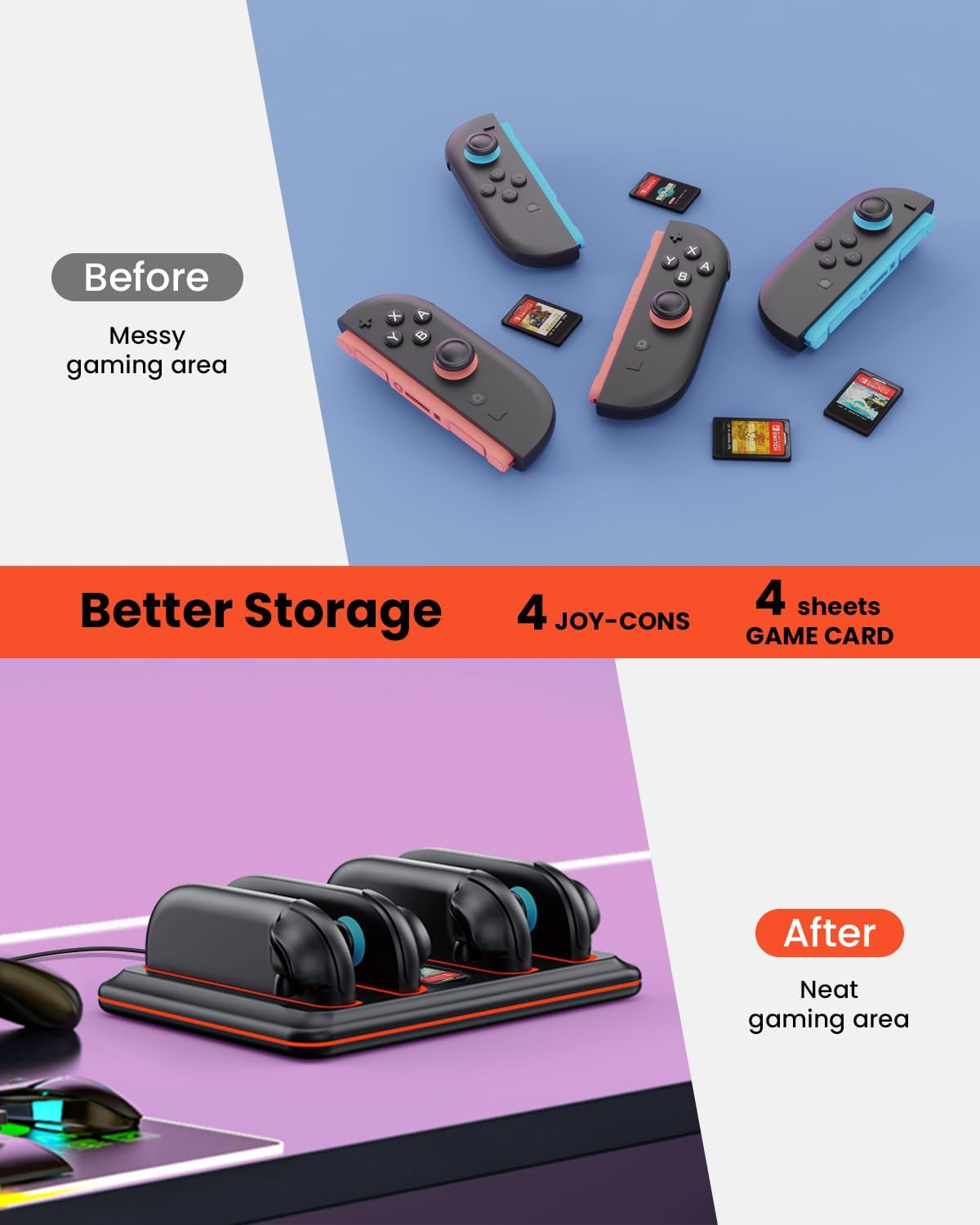 Switch 2 Controller Charger Dock for Nintendo Switch Joycon, Magnetic Charging Dock Station with RGB Light Modes, Charger Indicator & USB C Cable, Switch Accessory Kits, Storage Four Game Cards image number 4