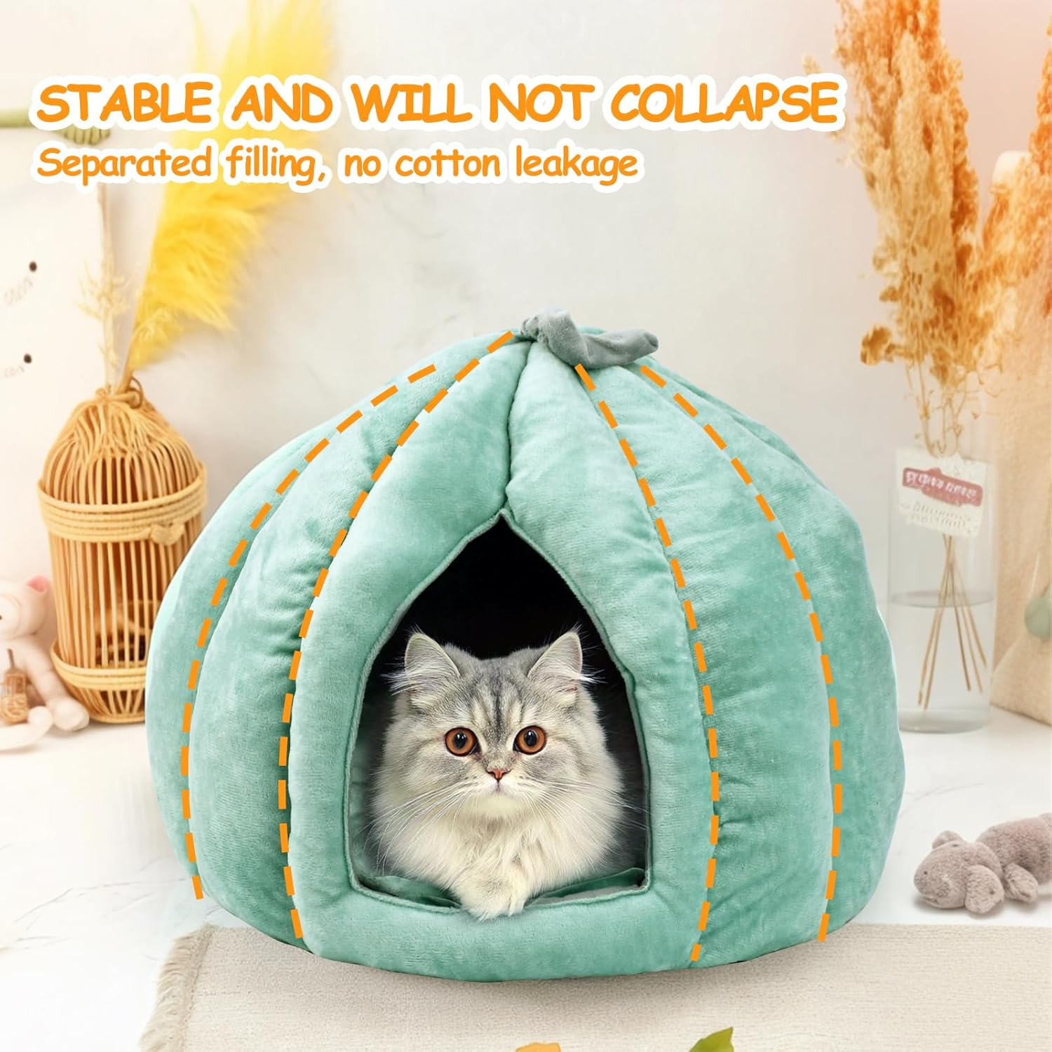 Cat Cave Bed, Removable Cushion Blankets,Soft Semi-Closed Pumpkin Shape Pet Bed, Cat House for Indoor Small, Medium Dogs and Cats, Sleeping Bag (Olive Green, M(2.5-5KG)) image number 4
