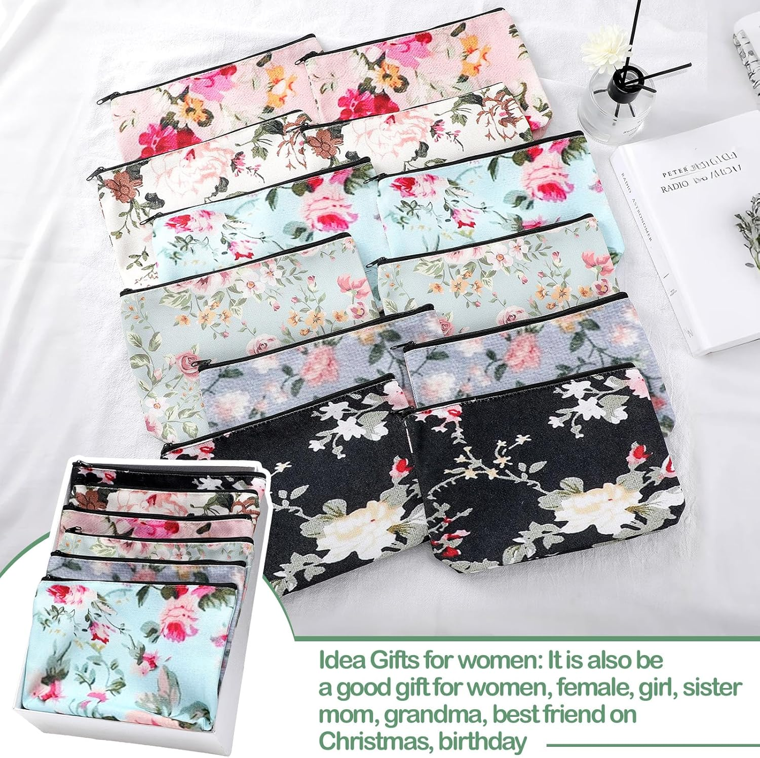 Sanwuta 12 Pcs Vintage Floral Makeup Bags Flower Canvas Zipper Cosmetic Bags Christmas Gifts for Women Reusable Travel Purse for Housekeeping Medical Assistant Organizer Storage Supplies Party Favors image number 1
