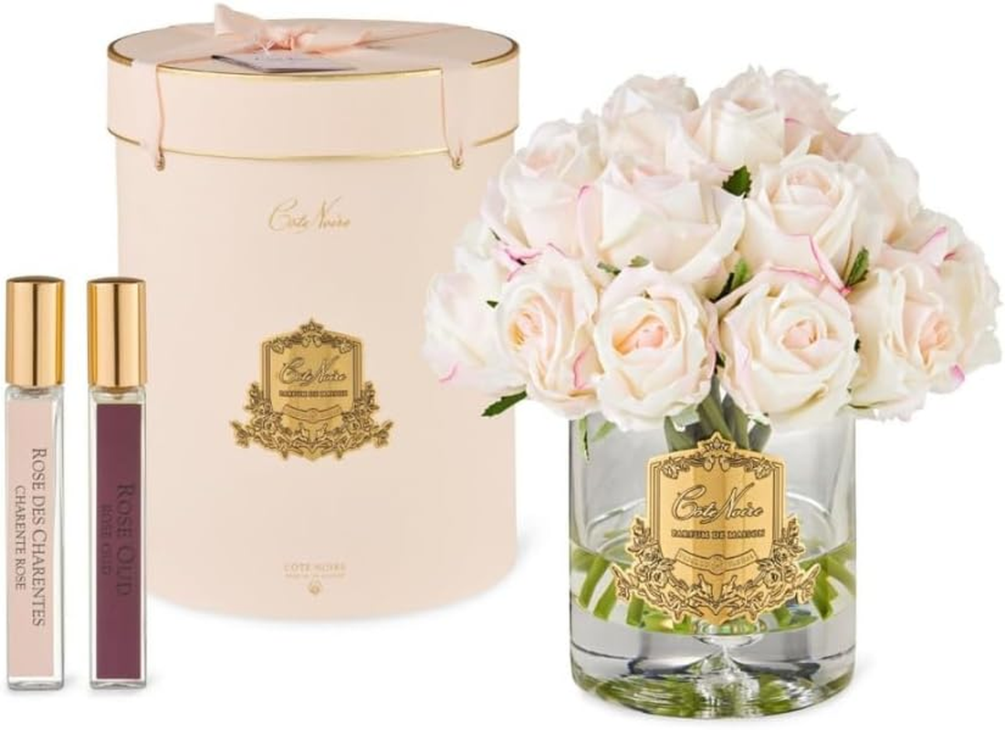 Cote Noire Luxury Grand Rose Bud Bouquet - Pink Blush/Gold Badge & Clear Glass