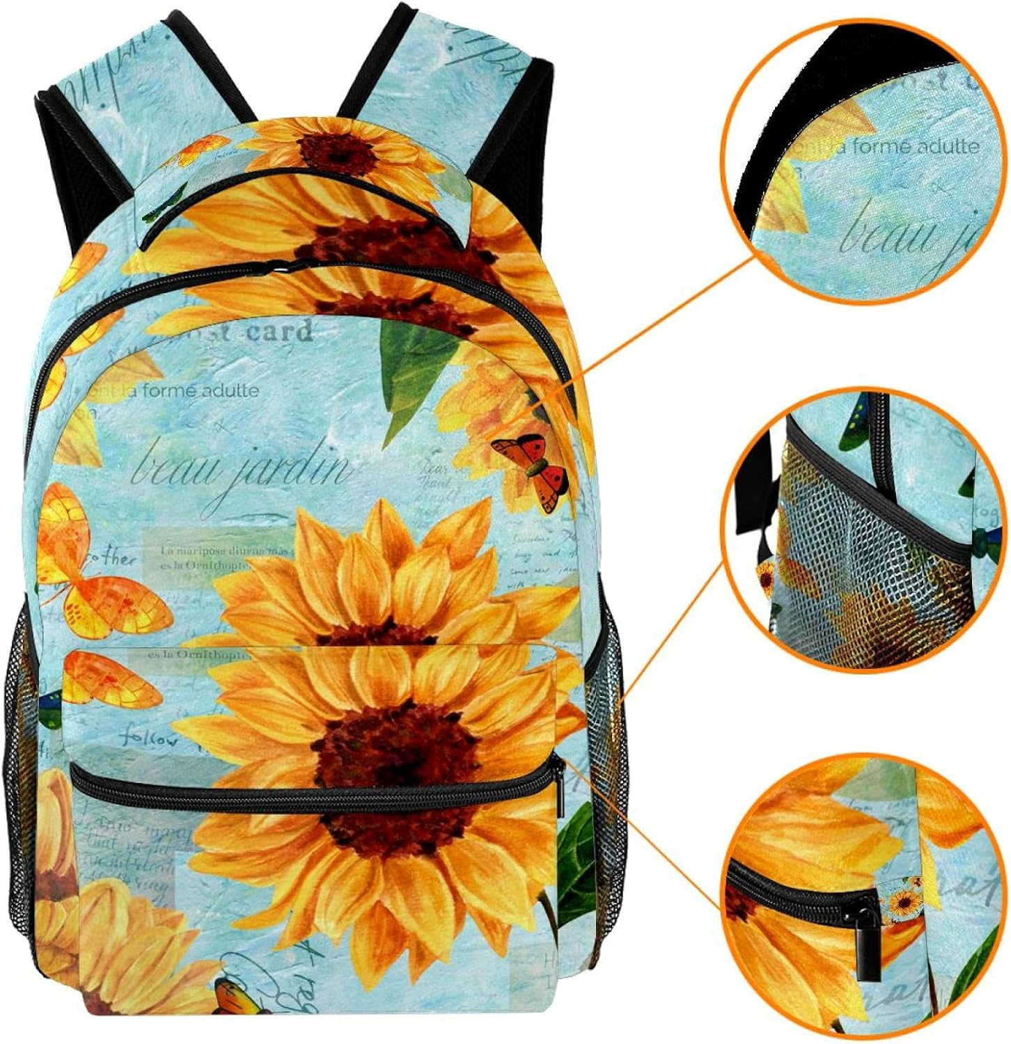 Vintage Style Watercolor Sunflowers and Butterflies Backpack Students Shoulder Bags Travel Bag College School Tote Backpacks image number 4