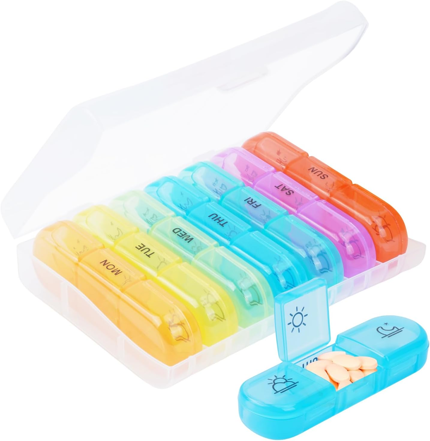 Travel Pill Organiser 7 Day 3 Times, Weekly Pill Box Organiser with Large Compartment, Daily Medicine Storage Box for Medication, Vitamin, Supplement and Fish Oil Supplements (Rainbow) image number 2