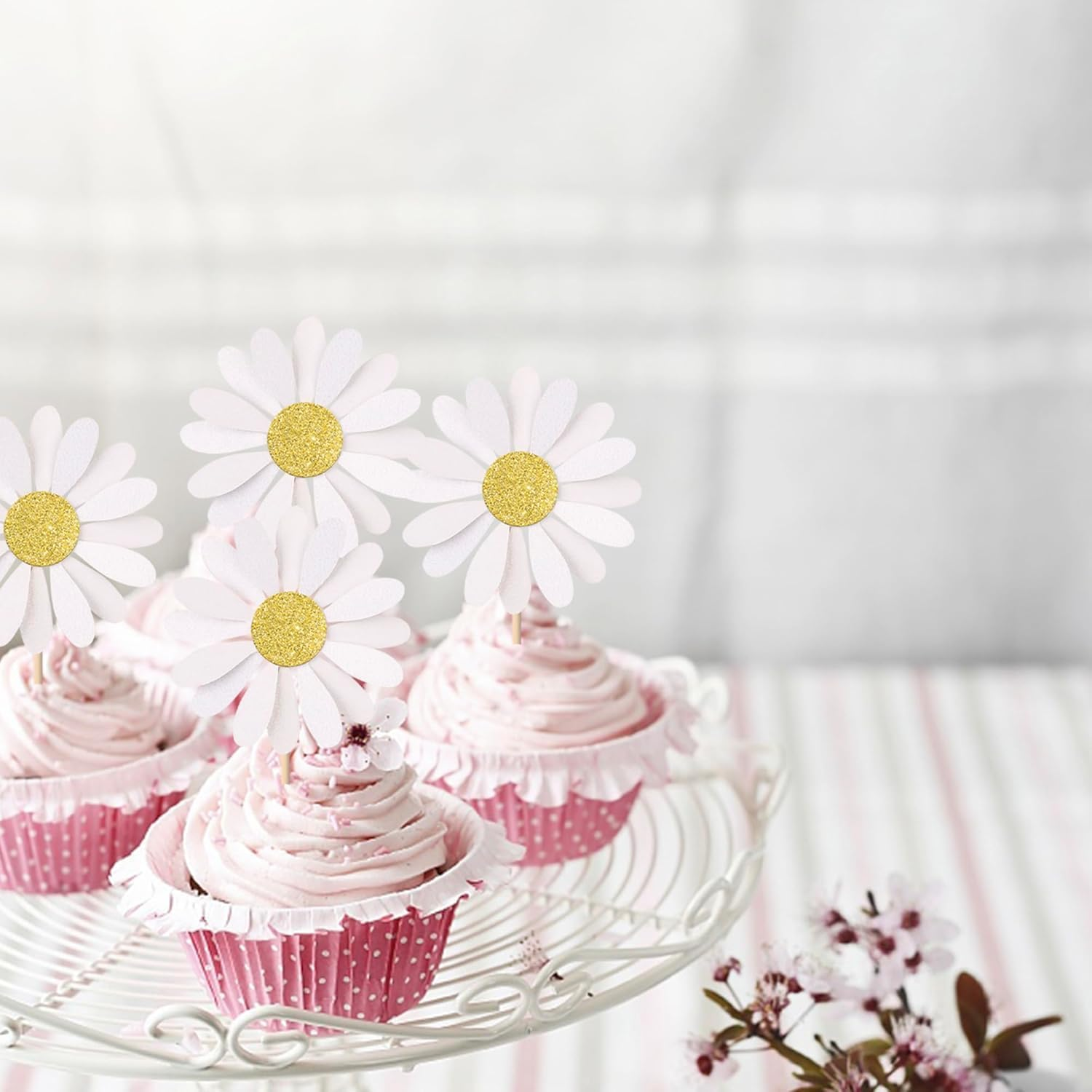 SYKYCTCY 24 Pack Daisy Cupcake Toppers Glitter White Daisy Flower Cupcake Picks Spring Daisy Flower Cake Decorations for Chrysanthemum Theme Birthday Kids Baby Shower Party Supllies (#1) - 2 image number 6