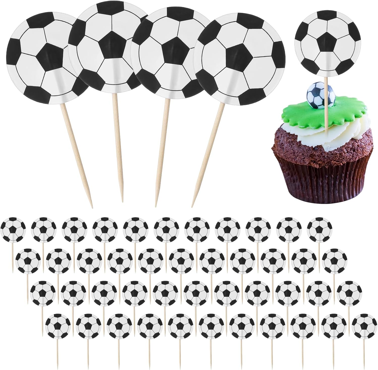 48 PCS Soccer Ball Cupcake Toppers Football Cake Toppers, Food Toothpicks Soccer Party Decorations for Kids Sport Balls Theme Parties, Baby Shower and Birthday Cake Decorations image number 5