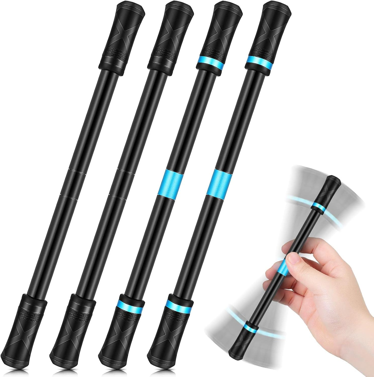 Spakon 4 Pieces Pen Spinning Spinner Finger Rotating Gaming Trick Pen Mod Stress Releasing Brain Training Toys for Kids Teens Student Games Learning Office Supplies(Black, Blue)