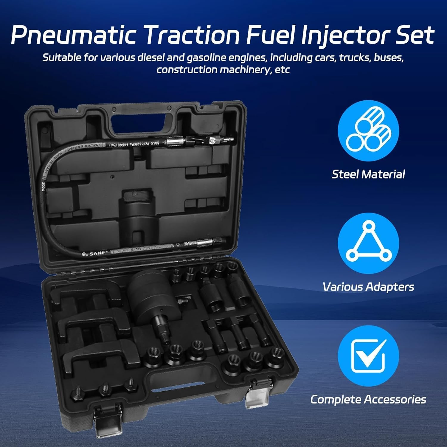 Pneumatic Injector Puller Set, 5-8 Bar Air Vibration Diesel Fuel Injector Removal Tool Set of 25 with Extractor Hammer, 19 Adapters, Extension Hose, UK and JP Connectors image number 5