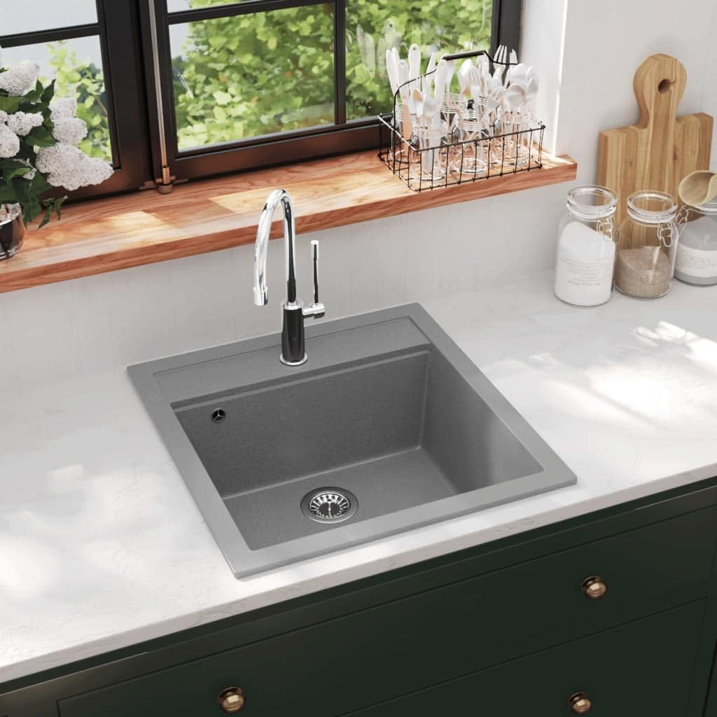 Vidaxl Single Basin Kitchen Sink &ndash; Grey, Granite Material, Heat and Scratch Resistant, Includes Debris Basket Strainer image number 2