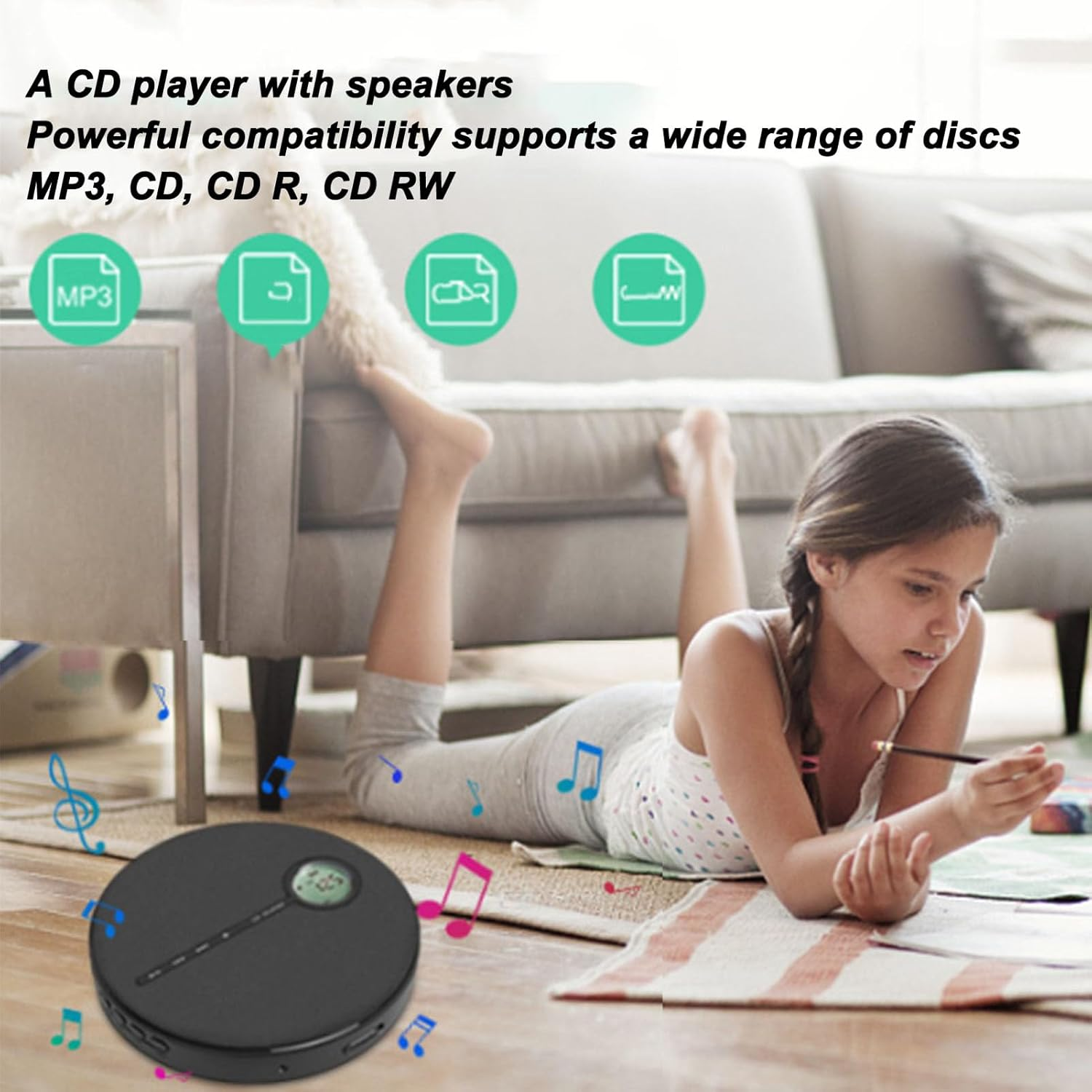 Audio CD Player, BT 5.0 Home CD Music Player Memory Play anti Skip Function Rechargeable Desktop CD Player Built in Speaker CD Music Player for Car Home Outdoor Decor