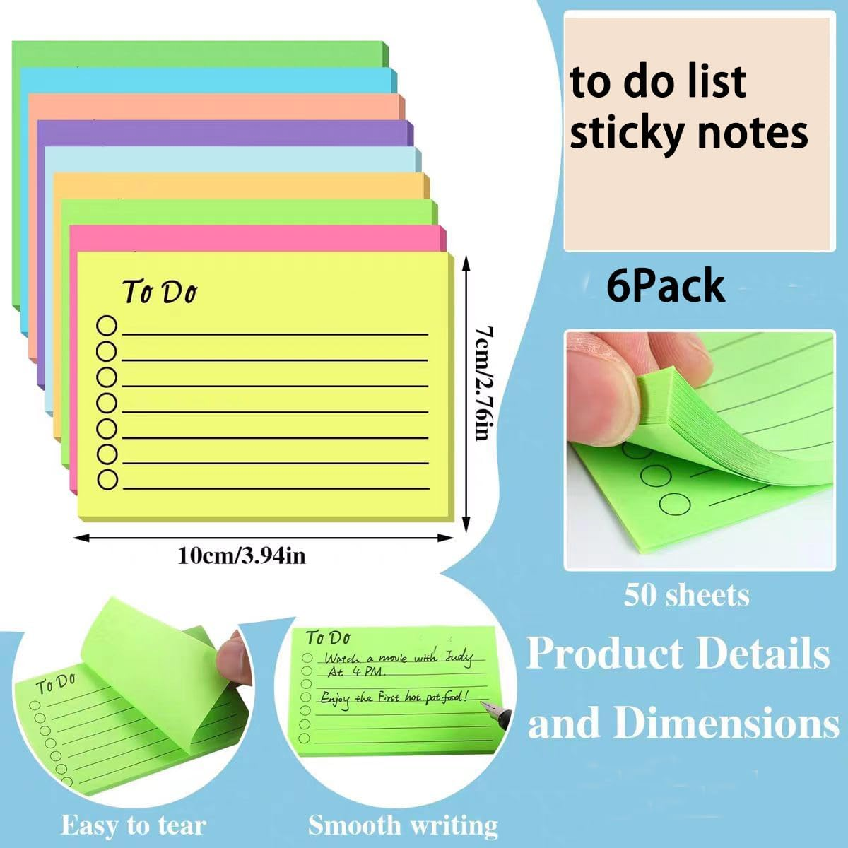 Bluejunior 6Pack to Do List Sticky Notes,Colourful Lines Self-Stick Sticky Notes,Post It Note Tags for Planner(300Sheets)