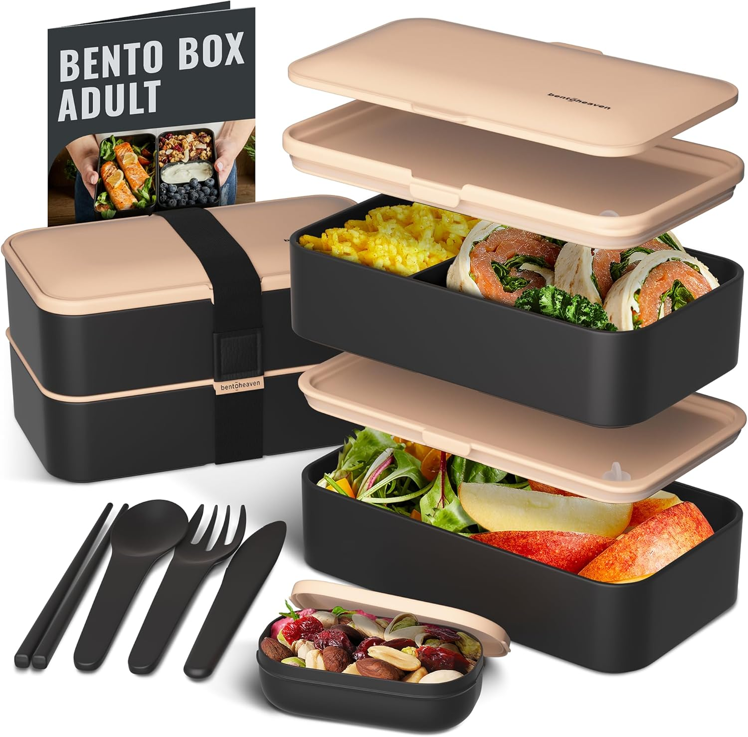 Bentoheaven Premium Bento Box Adult Lunch Box with 2 Compartments (1200Ml), Cutlery & Set of Chopsticks, Large Dip Container, Cute Black Japanese Bento Box, Rectangle, Microwavable (Bright Light)