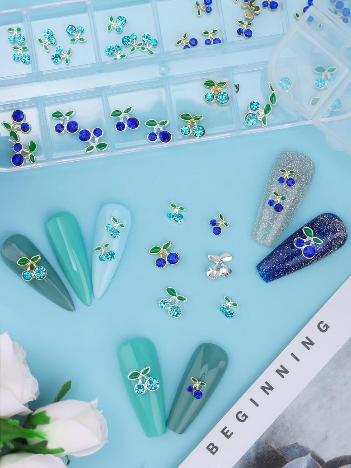 Kalolary Cherry Nail Rhinestones, 48Pcs 3D Cherry Charm Blue Fruit Diamond Crystal Nail Studs Alloy Nail Gems for Women Nail Art Decoration image number 6