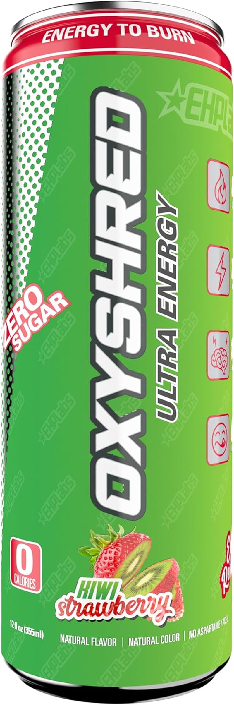 EHP Labs Oxyshred Healthy Energy Drink - Sugar Free Energy Drinks with Amino Acids, Green Tea Extract, Vitamin C & L Carnitine - Carb Free, Calorie Free, Natural Caffeine - Kiwi Strawberry (12-Pack)