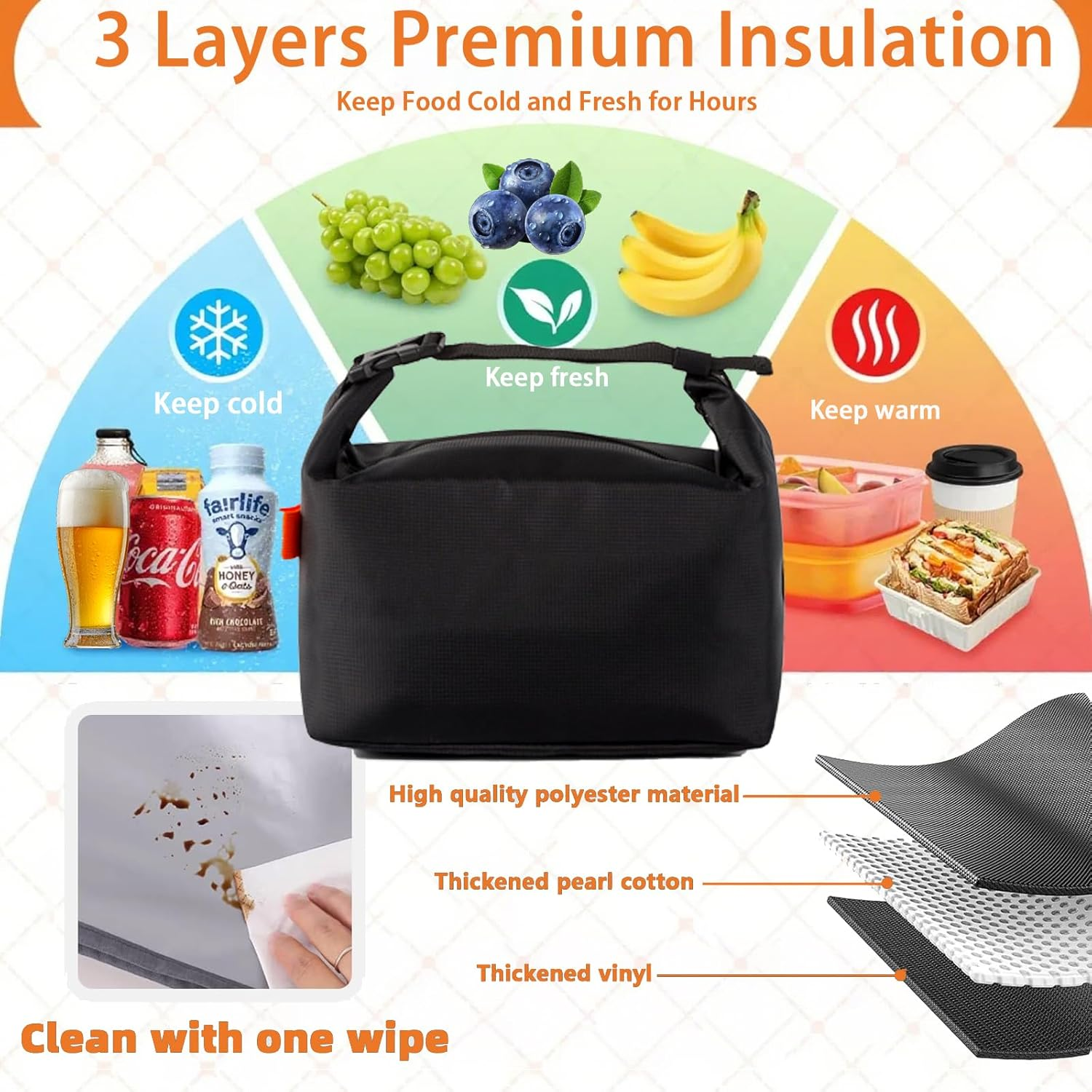 Insulated Lunch Bag for Men & Women, Waterproof Oxford Fabric with Long-Lasting Thermal Protection - Lunch Bag Reusable Cooler Bag for Work, School, Picnic, Travel (Black) image number 2