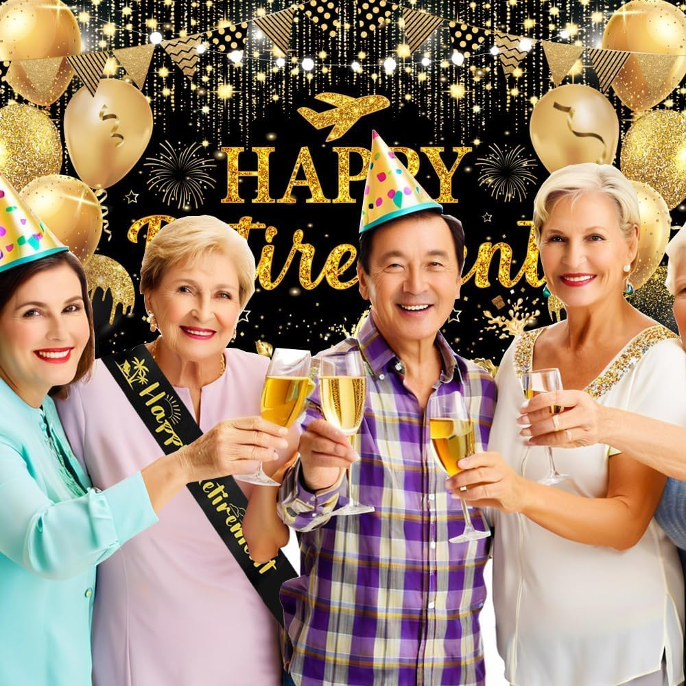 Black Gold Happy Retirement Banner Backdrop Kit with Sash,Funny Card Hanging Swirls Streamers,Cake Topper-1.5M X 0.9M Retirement Decorations Photography Party Supplies for Men Women image number 1