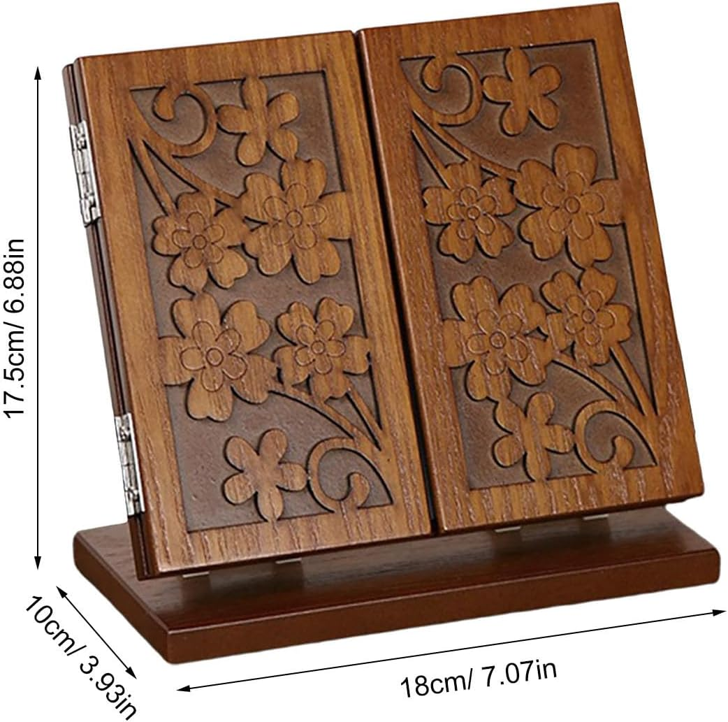 OKUMEYR Wooden Foldable Three-Sided Desktop Makeup Mirror with Clover Carving, Vintage Style Cosmetic Mirror for Indoor Vanity and Girl Makeup Tool, Cherry Wood Color image number 1