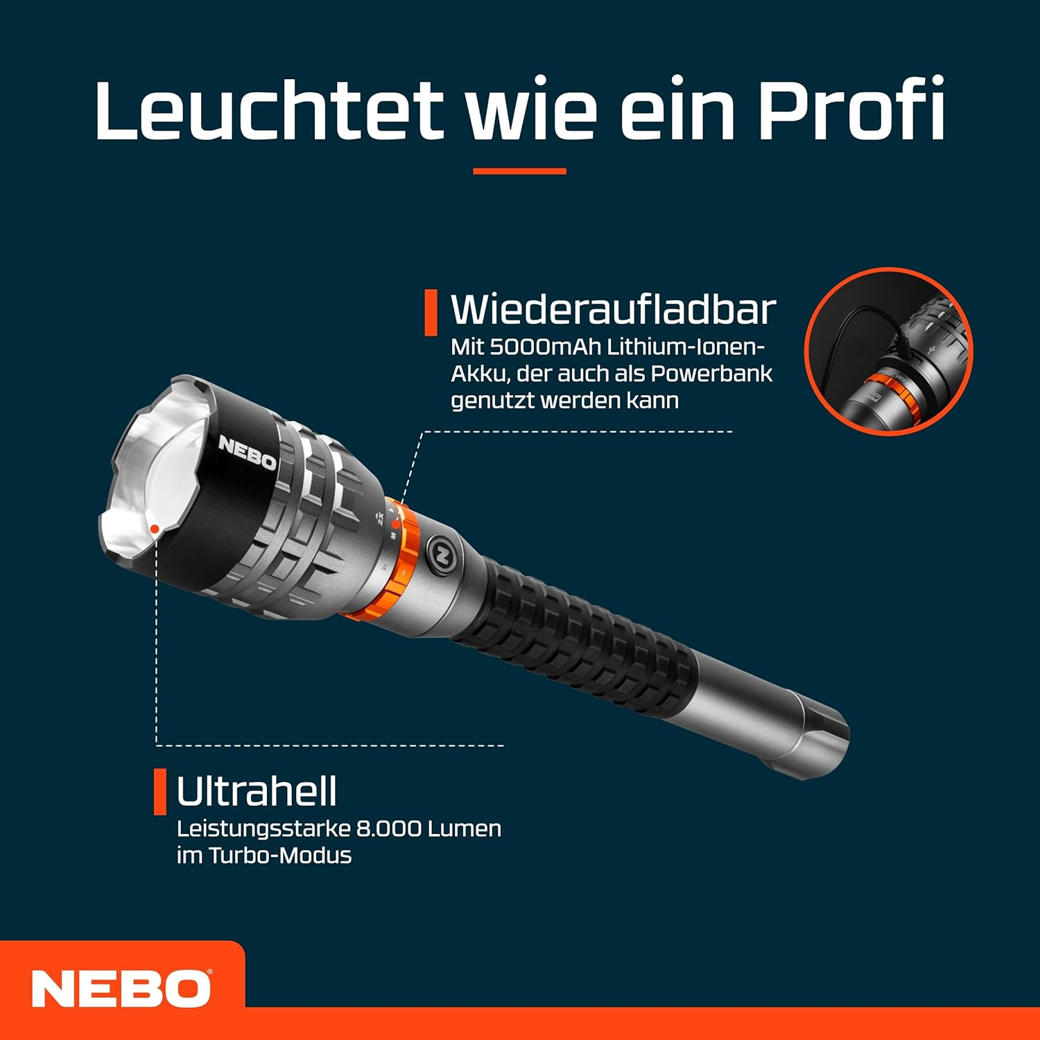 NEBO Davinci&trade; 18000 Lumen Rechargeable Flashlight &ndash; 5 Modes + 2&times; Zoom, IP67 Waterproof, USB‑C Rechargeable, Mag-Dial Mode Selector, Smart Power & Temp Control &ndash; Pro-Grade Outdoor & Tactical