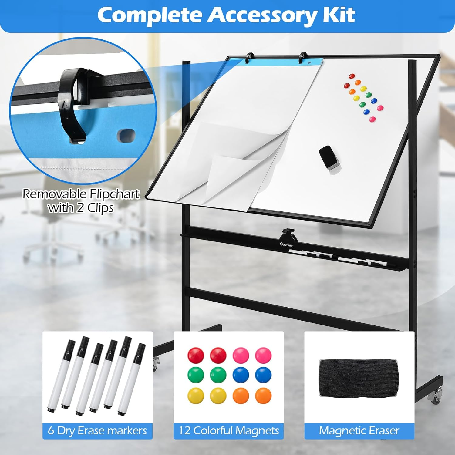 Costway 90 X 120 Cm Mobile Magnetic Whiteboard, Double-Sided Reversible & Lockable Free-Standing Whiteboard, Adjustable-Height, 360&deg; Rolling Dry Erase Board with Flip Chart for School, Office, Home image number 5